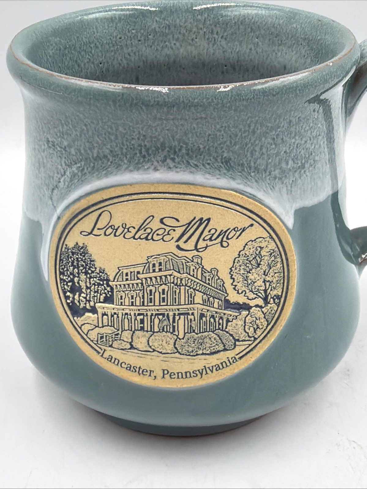 Deneen Pottery 201 6 Lovelace Manor Lancaster PA Blue Drip Glaze Mug Handmade