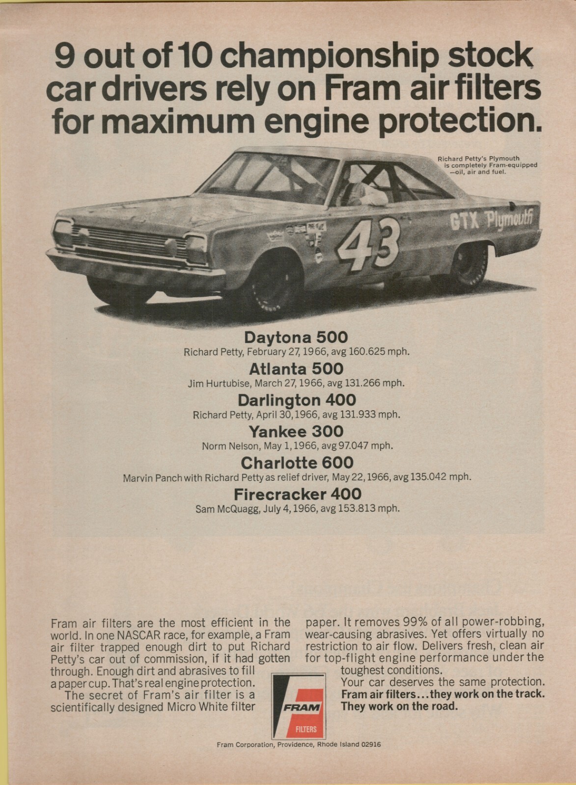 1967 Fram Air Filter Petty Daytona Atlanta Darlington Yankee Vintage Print Ad