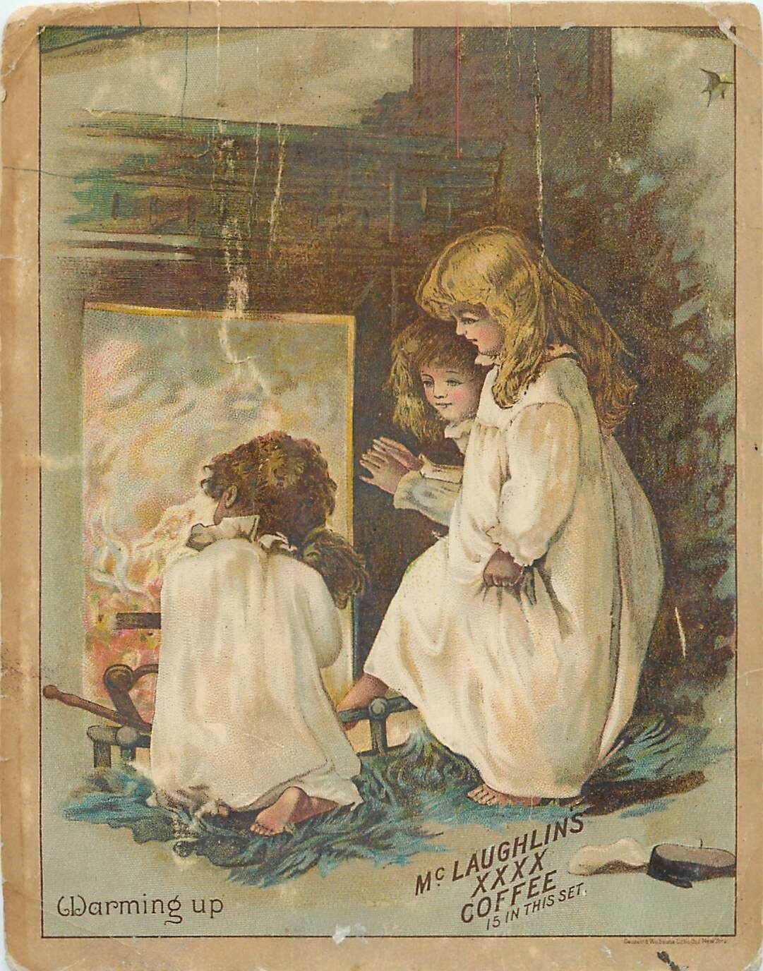 c1890 McLaughlin’s XXXX Coffee Warming Up by the Fire Victorian Trade Card