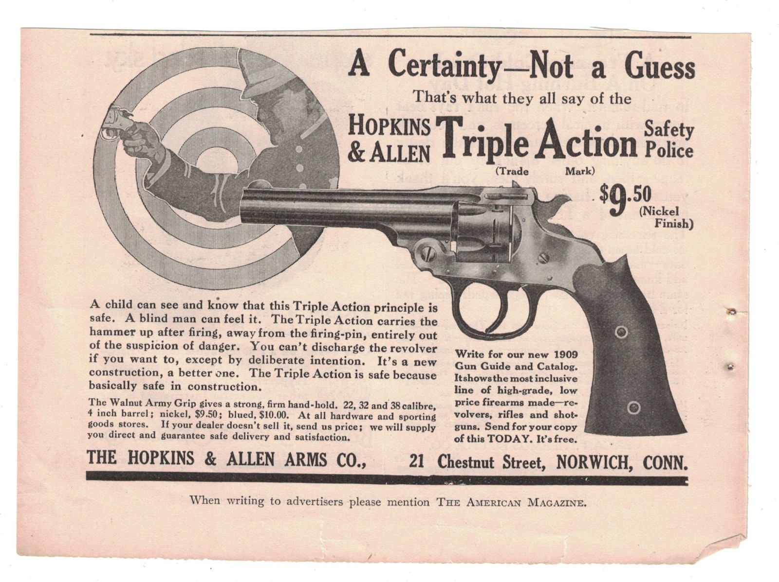 Magazine Ad – Hopkins & Allen Triple Action Police Pistol circa 1910