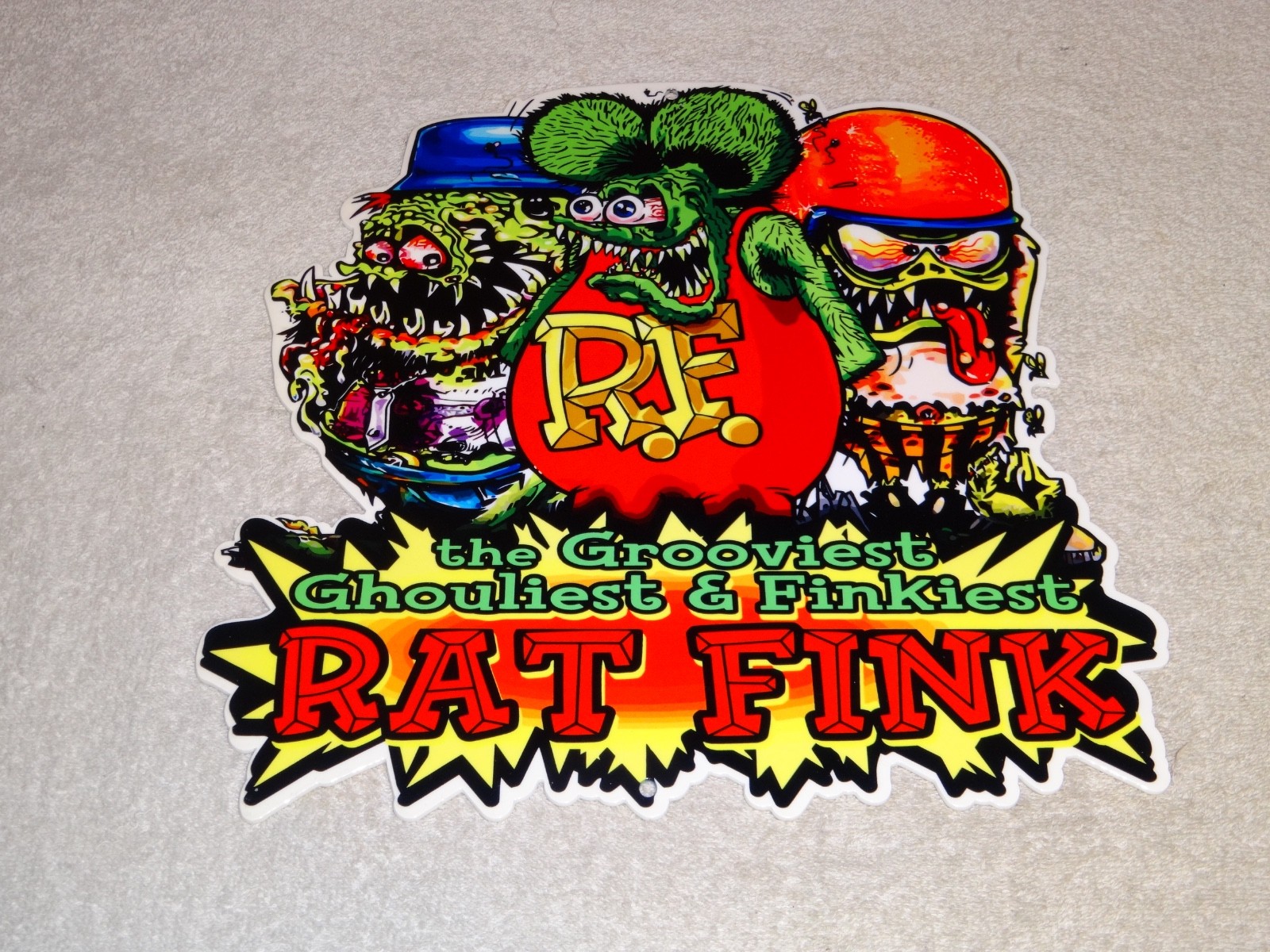 VINTAGE RATFINK W/ 2 MONSTERS ED ROTH PORCELAIN METAL RAT FINK GASOLINE OIL SIGN