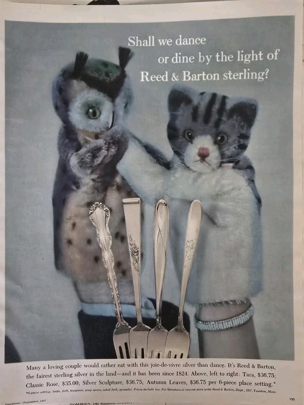 1957 Reed & Barton Sterling Silver Sculpture Tara Classic Rose Hand Puppets Ad