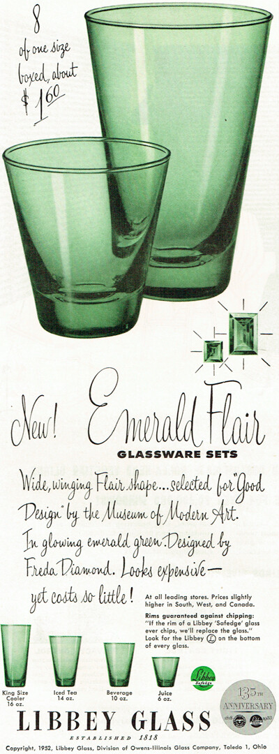 Libbey Glass Emerald Flair Glassware Cooler Iced Tea Juice 1953 MCM Magazine Ad