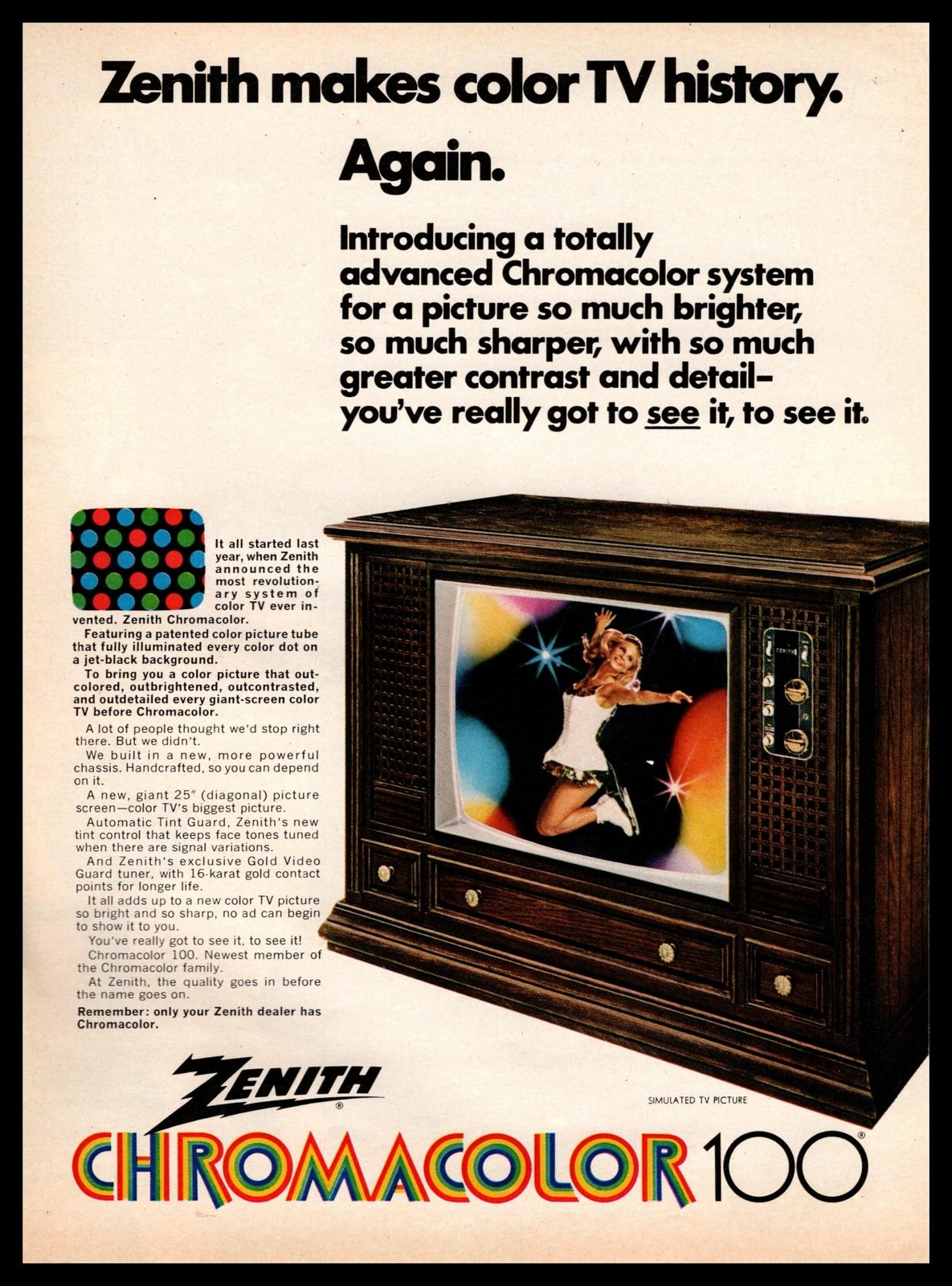 1970 Zenith Chromacolor 100 Color Televison Set Vintage TV Cabinet Print Ad
