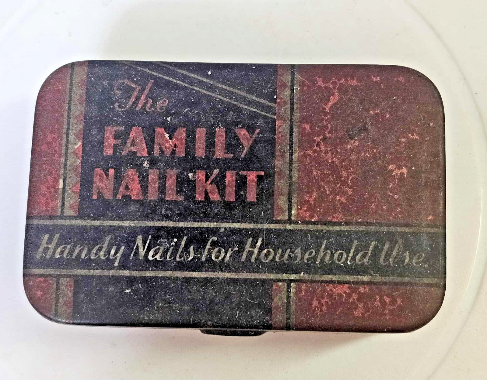 RARE- Antique Family Nail Kit Household USe Box tin Red Black- B2