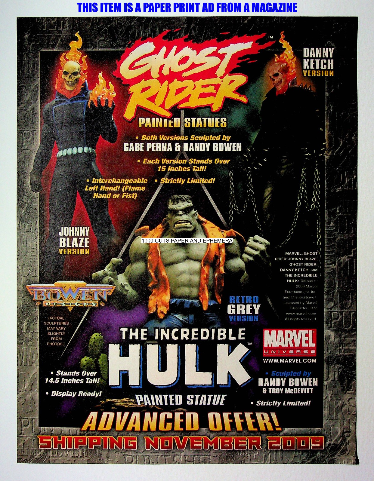 Ghost Rider + The Incredible Hulk Statues Bowen Designs 2009 Print Magazine Ad