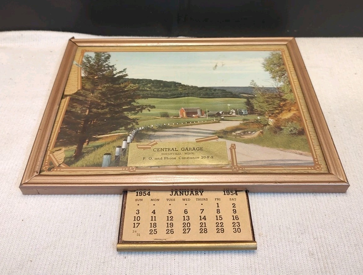 Vintage 1954 Framed Photo w/ Pull Out WALL CALENDAR Advertising Soderville, MN