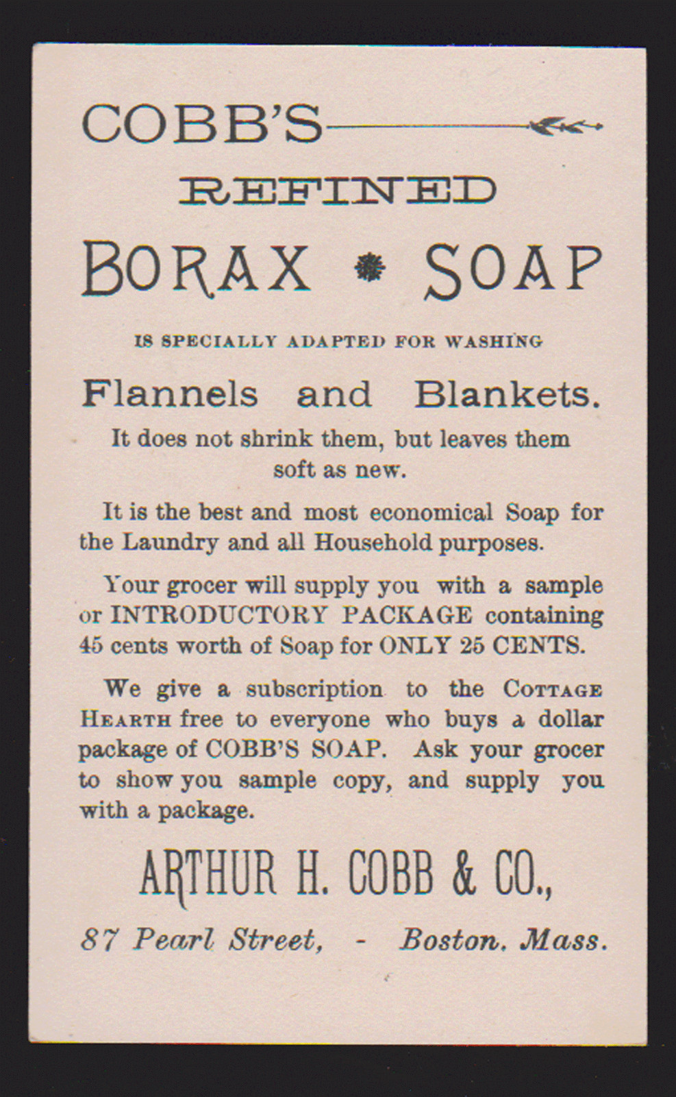 BOSTON TRADE CARD, COBB’S REFINED BORAX SOAP CO,A H COBB CO at 87 PEARL St *147