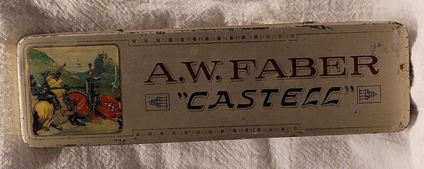 OLD A. W. FABER “CASTELL” TIN CASE DRAFTING PENCILS AWESOME GRAPHICS w ENCLOSURE