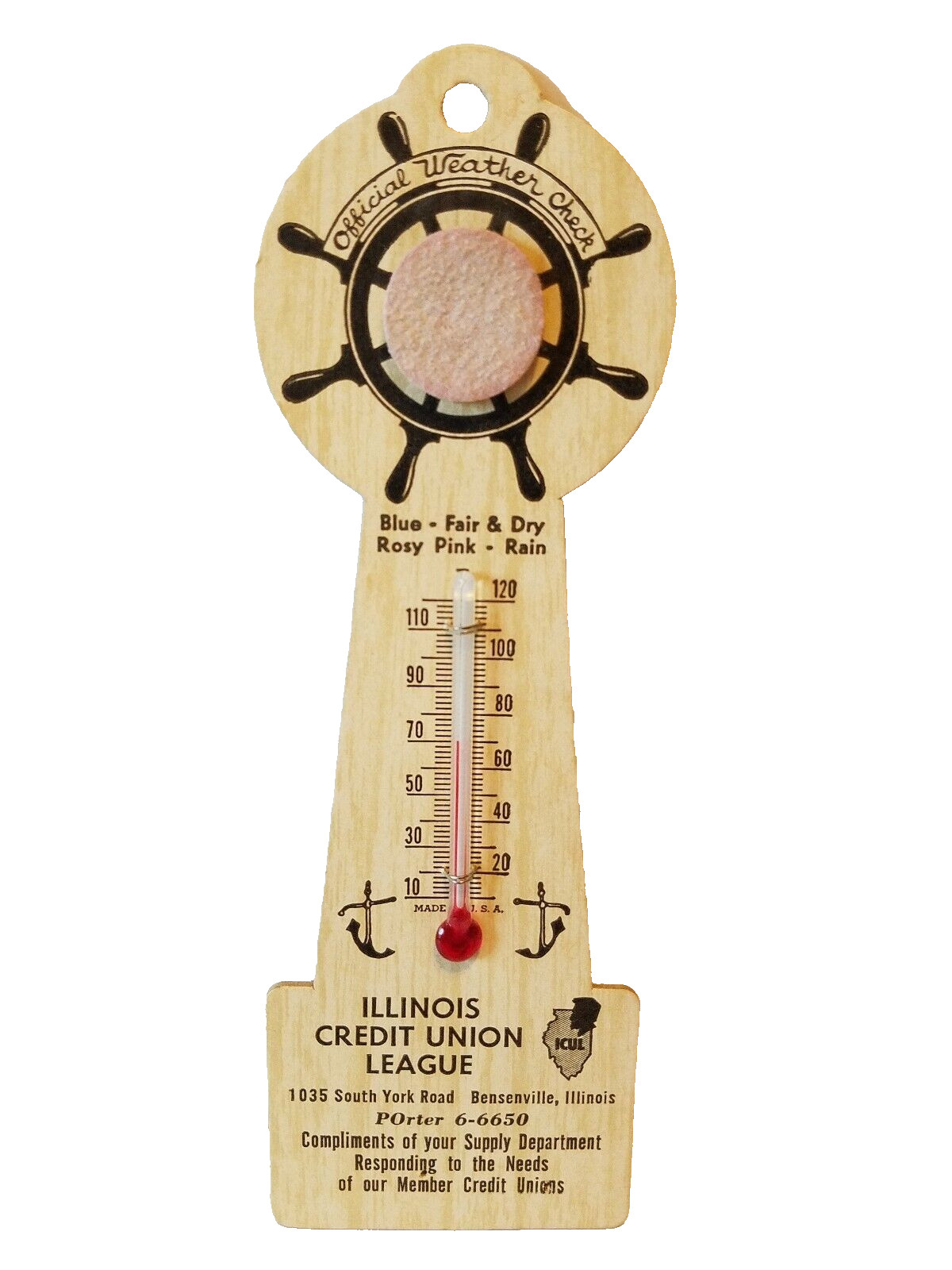 Vtg SHIPS WHEEL Illinois Credit Union League BENSENVILLE Advertising THERMOMETER