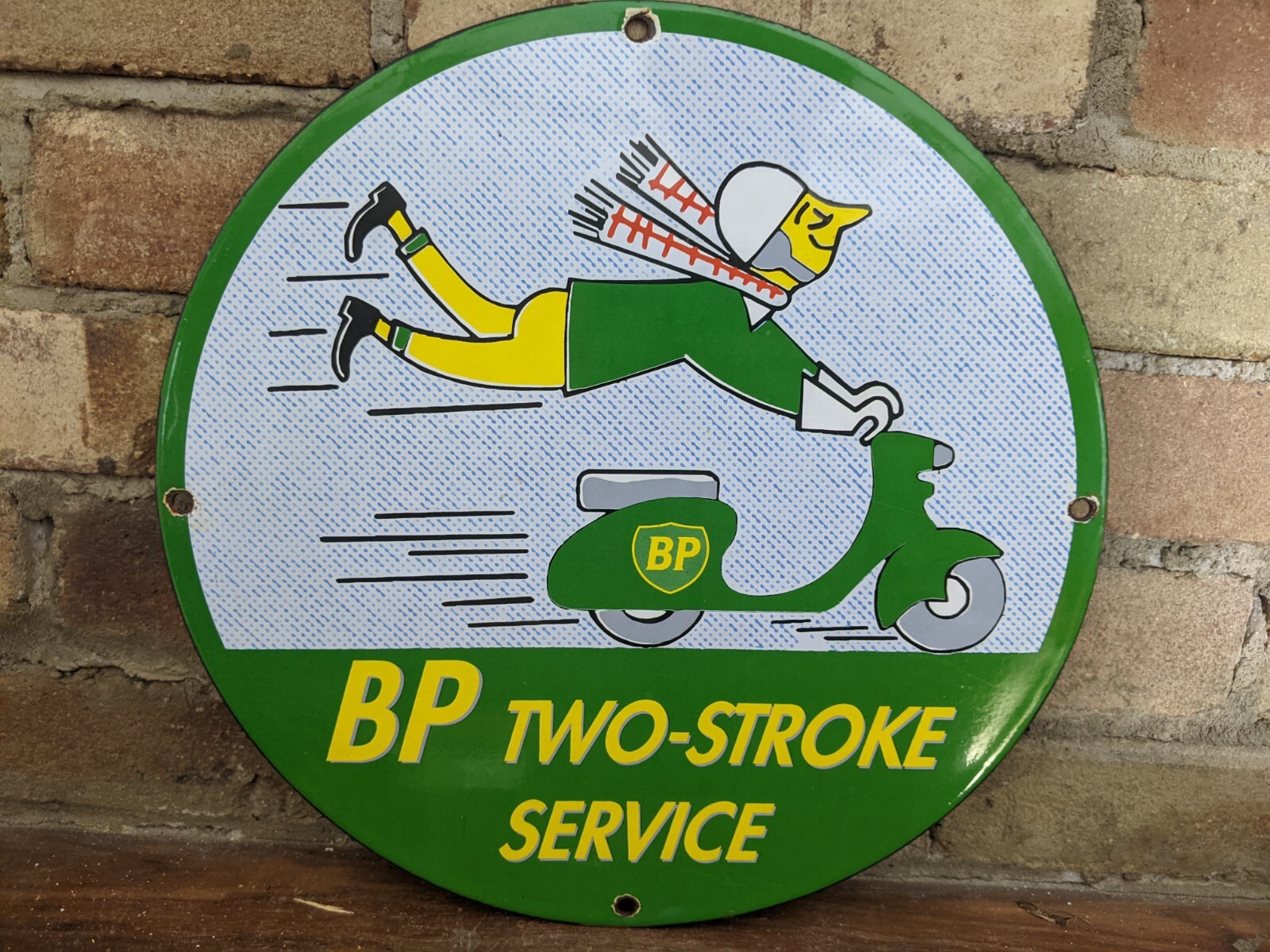 VINTAGE BP TWO-STROKE MOTOR OILS PORCELAIN GAS PUMP METAL SIGN 12″ SCOOTER