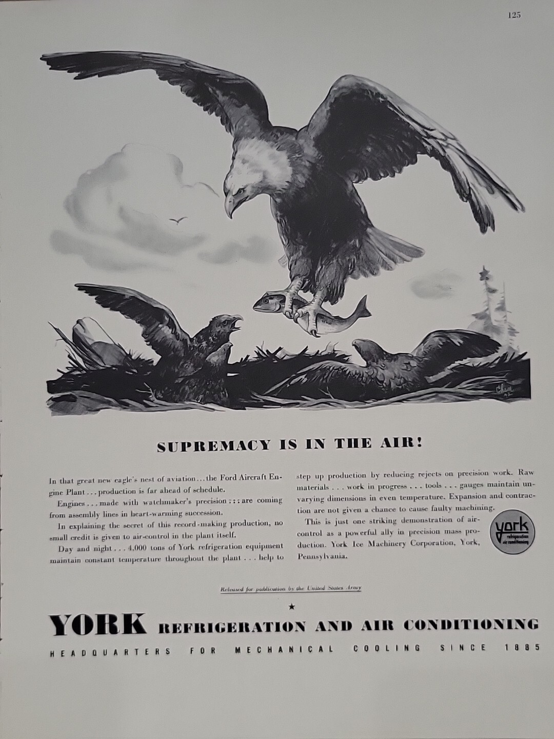 1942 York Refrigeration and Air Conditioning Fortune WW2 Print Ad Q3 Eagle Fish