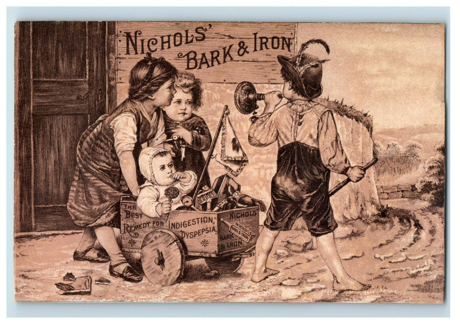 1880’s Quack Nichols’ Bark & Iron Kids Wagon Victorian Trade Cards P170