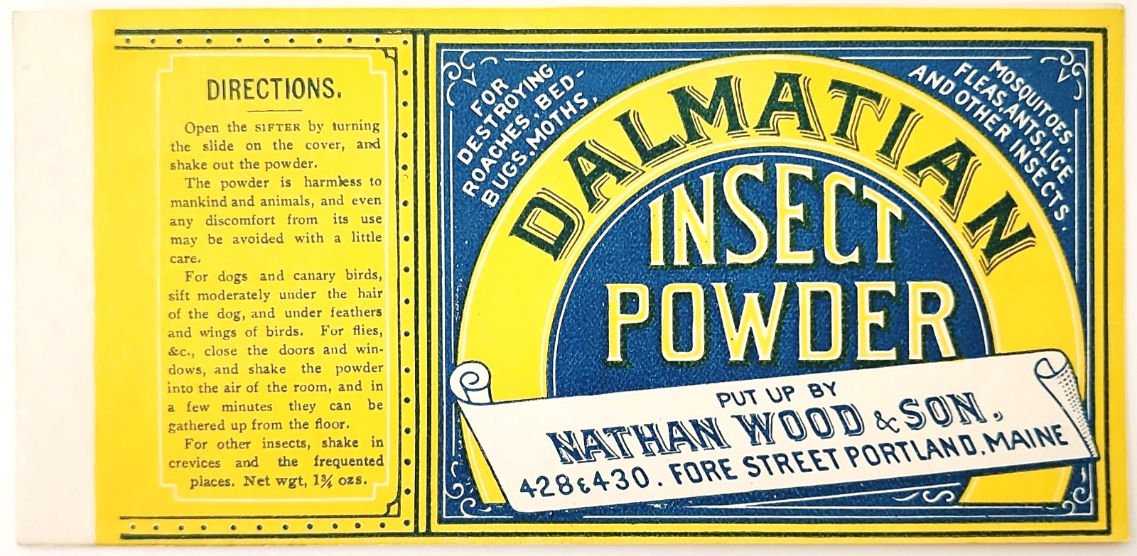 1900-20s Dalmatian Insect Powder NOS Label Nathan Wood & Son Portland Maine