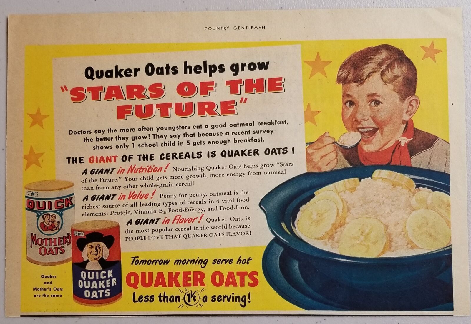 1950 Print Ad Quaker Oats Oatmeal & Mother’s Oats Happy Boy Eats Breakfast