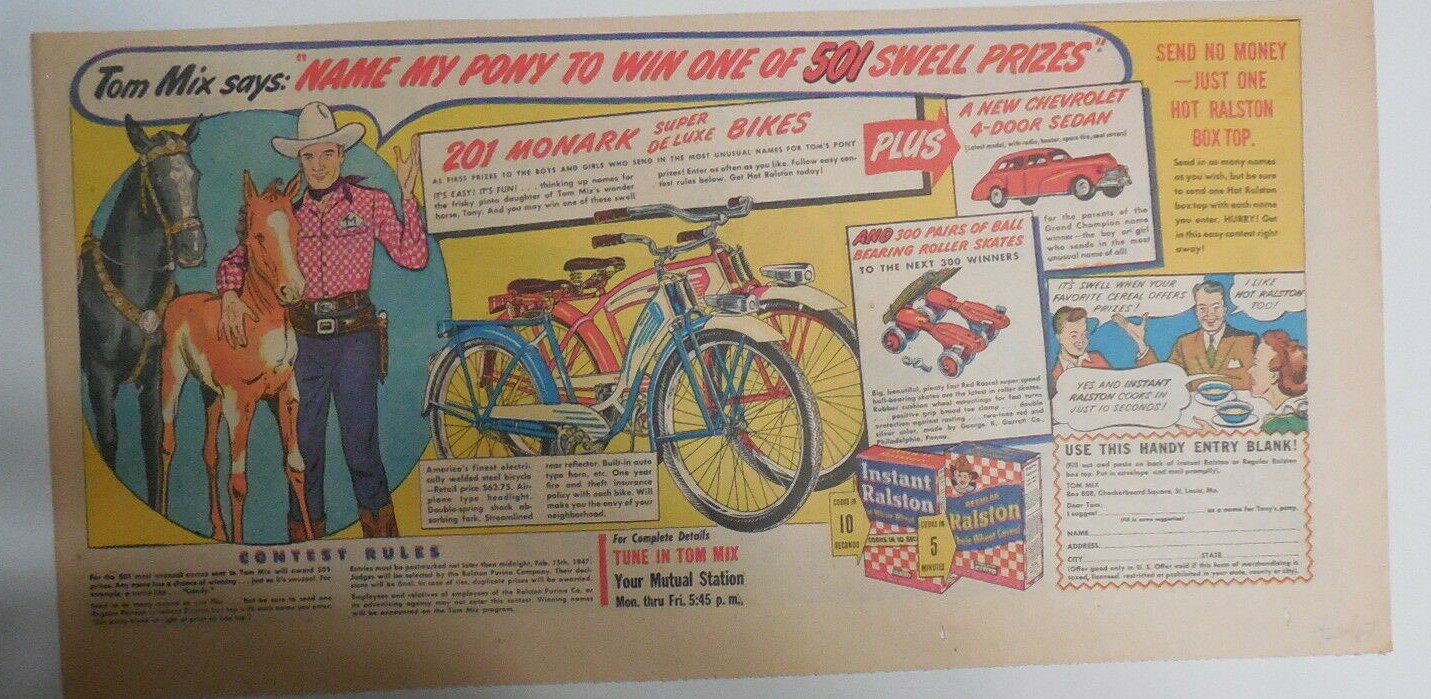 Ralston Cereal Ad: Tom Mix “Name My Pony Contest” Prizes 1948 Size 7 x 15 inches