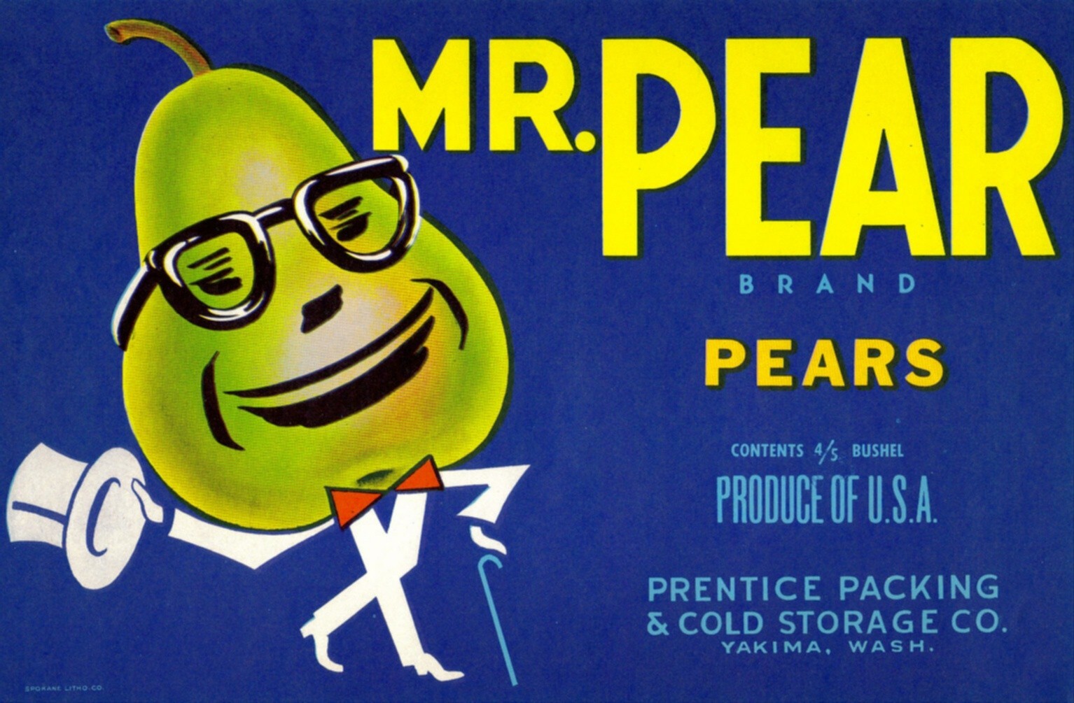 Original Mr Pear crate label Prentice Packing & Cold Storage Yakima Wash tuxedo
