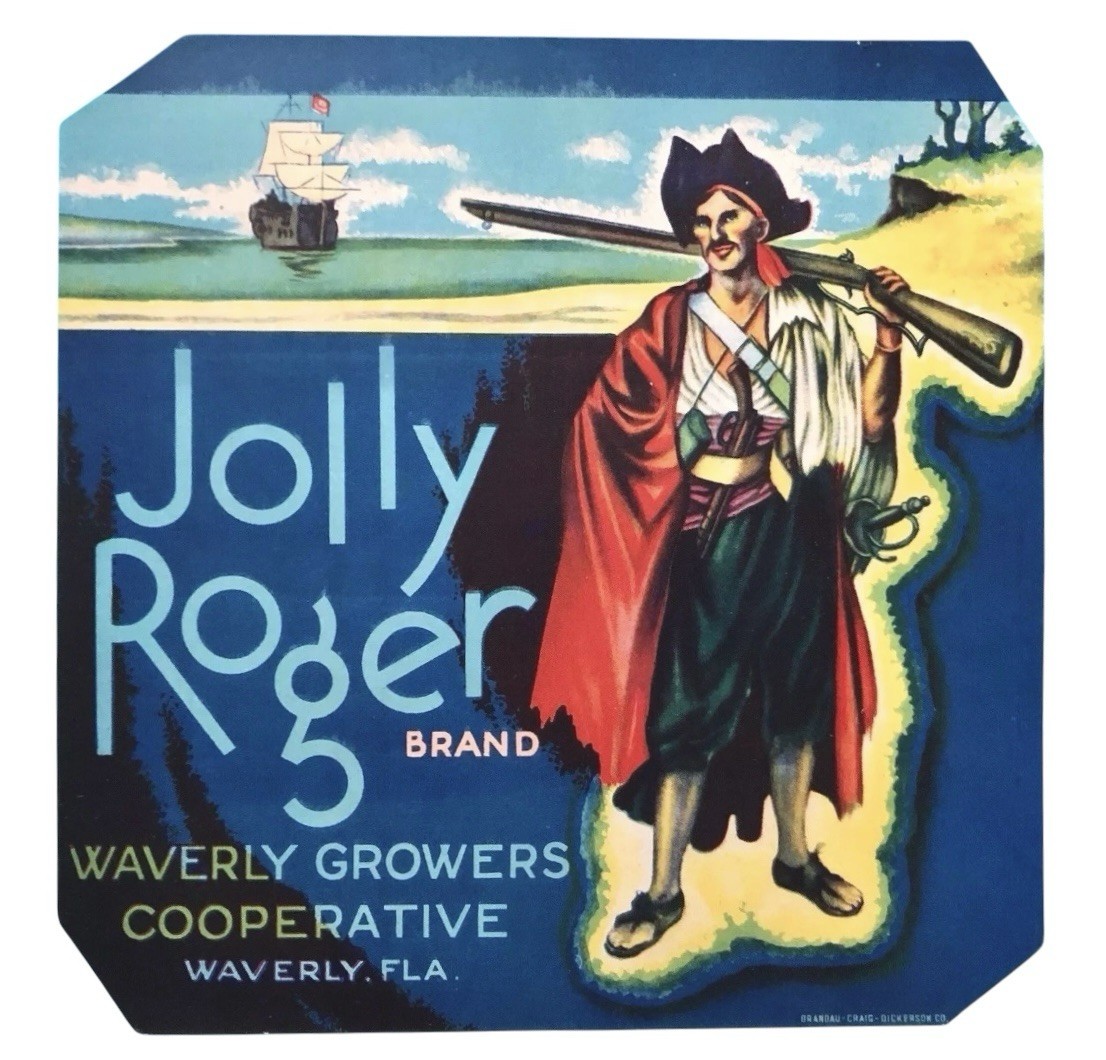 NOS Vintage 1940s Jolly Roger Produce Crate Label Waverly Florida