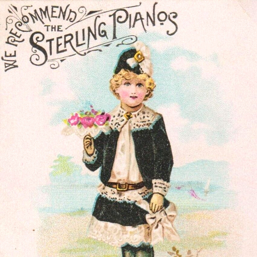 1880s Sterling Pianos Trade Card A.M. Ordway in Hagerstown MD Victorian Boy