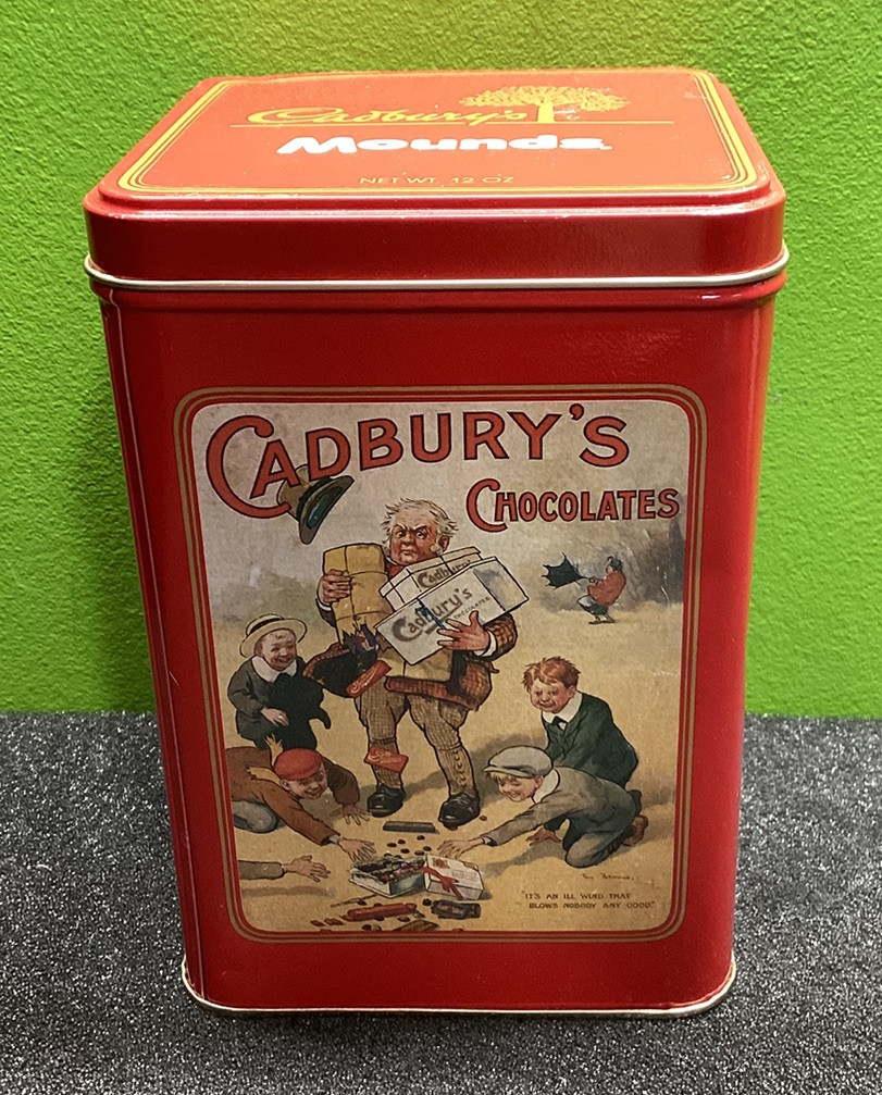 Vintage Cadbury’s Mounds Chocolate Tin – Square- 12 oz Tin! Made in the USA!