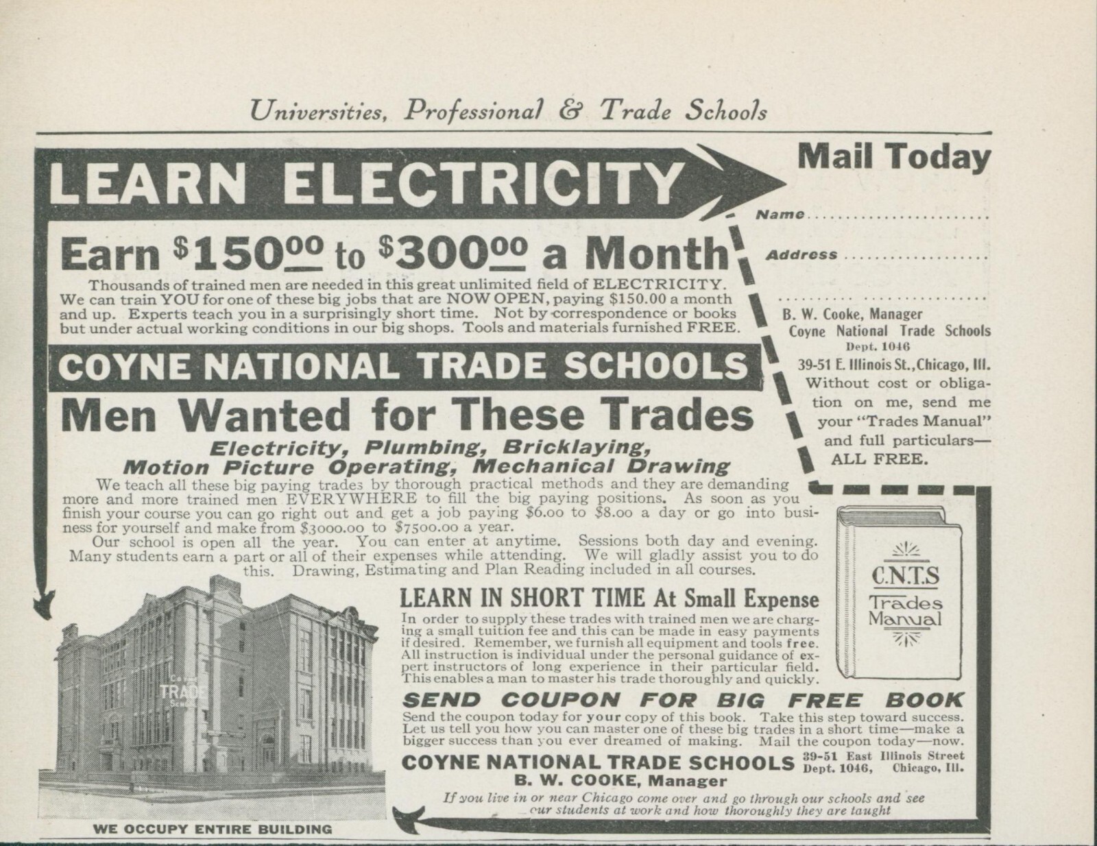 1915 Learn Electricity Plumbing Bricklaying Motion Picture Operating Ad CO7