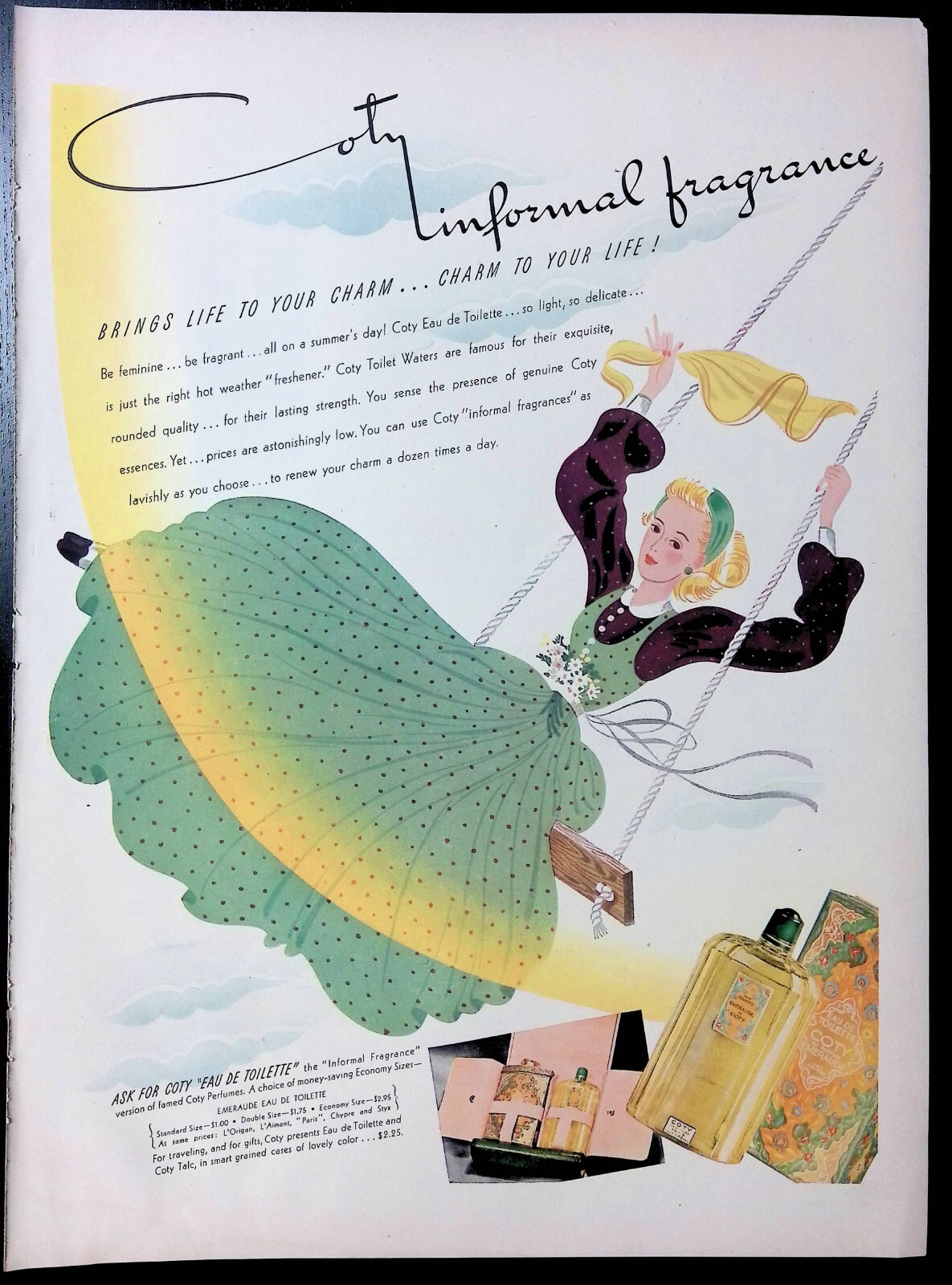 Print Ad 1940’s Coty Eau De Toilette Beautiful Woman Swing