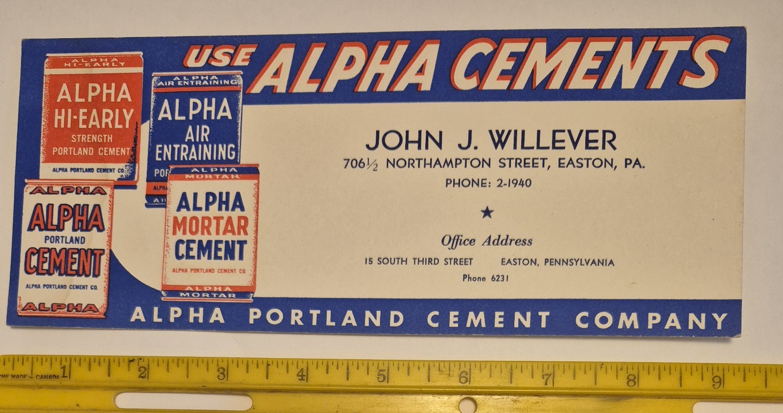RARE VTG (EASTON,PA.) “ALPHA PORTLAND CEMENT COMPANY” INK BLOTTER-EXCELLENT