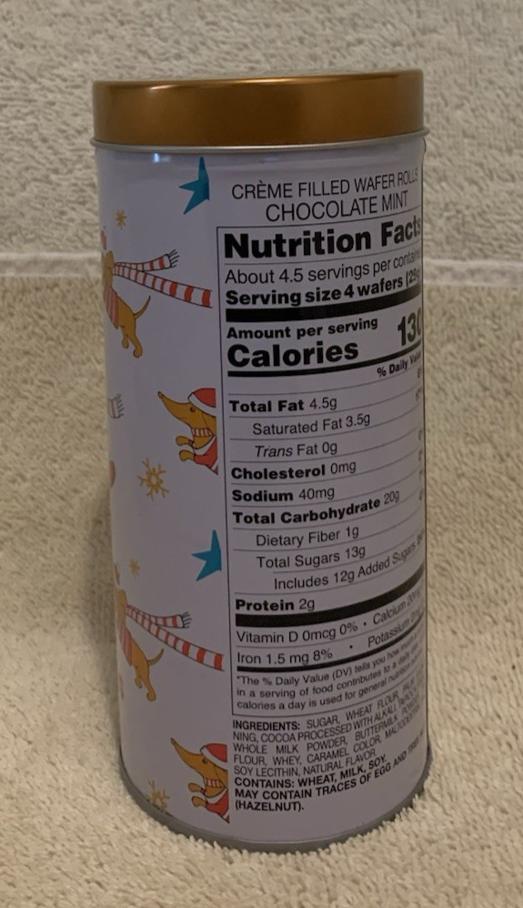 Aldi DACHSHUNDS w/SANTA HATS & SCARVES WAFER ROLLS Tin Canister (Empty) – EUC