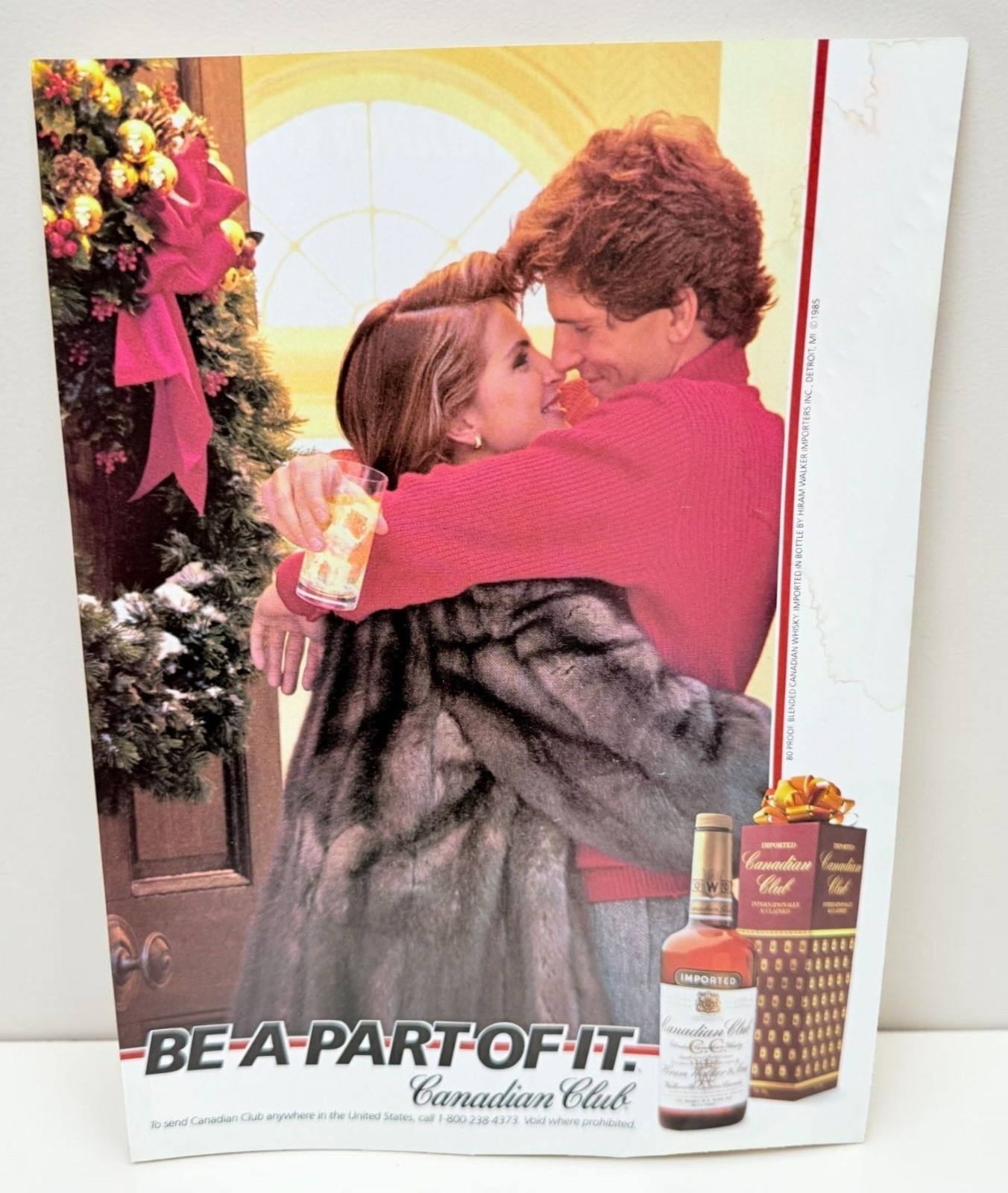 Canadian Club Whisky Vintage Print Ad 1980s Couple Christmas Embrace Wreath