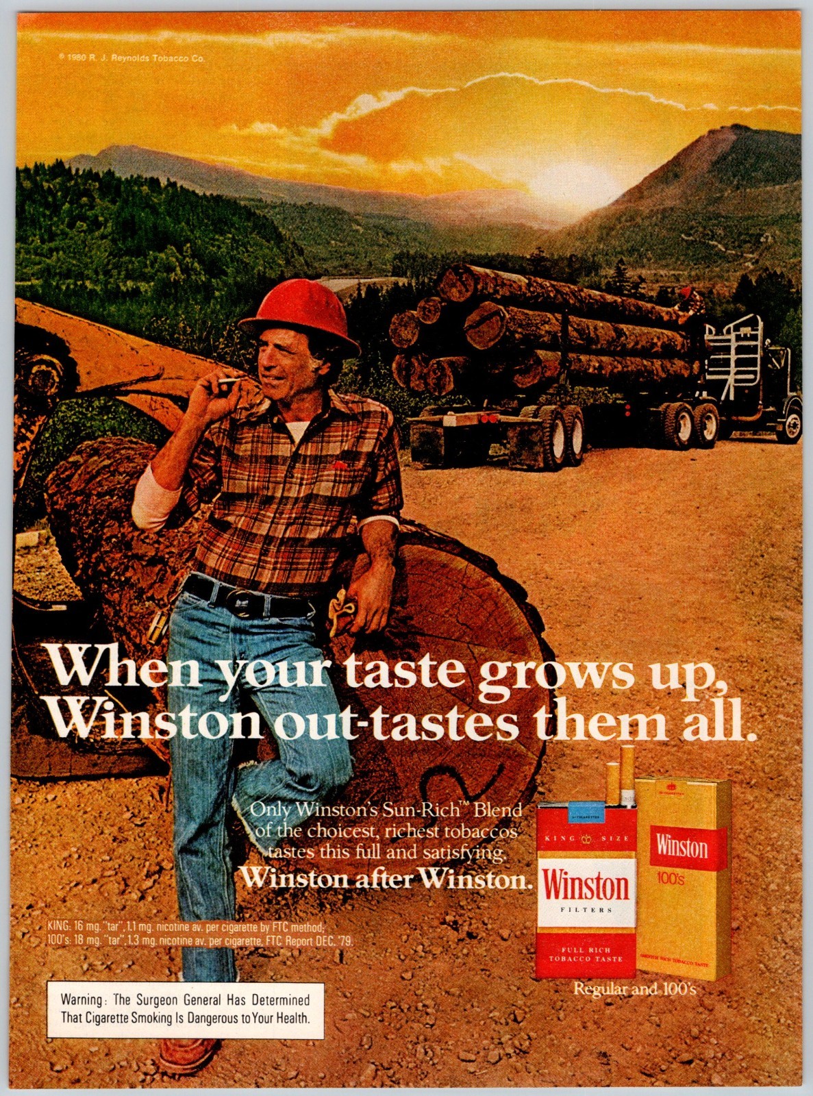 1980 SUNSET LOGGER WINSTON CIGARETTES Vintage 8″X11″ Magazine Ad 1980’s HTN39