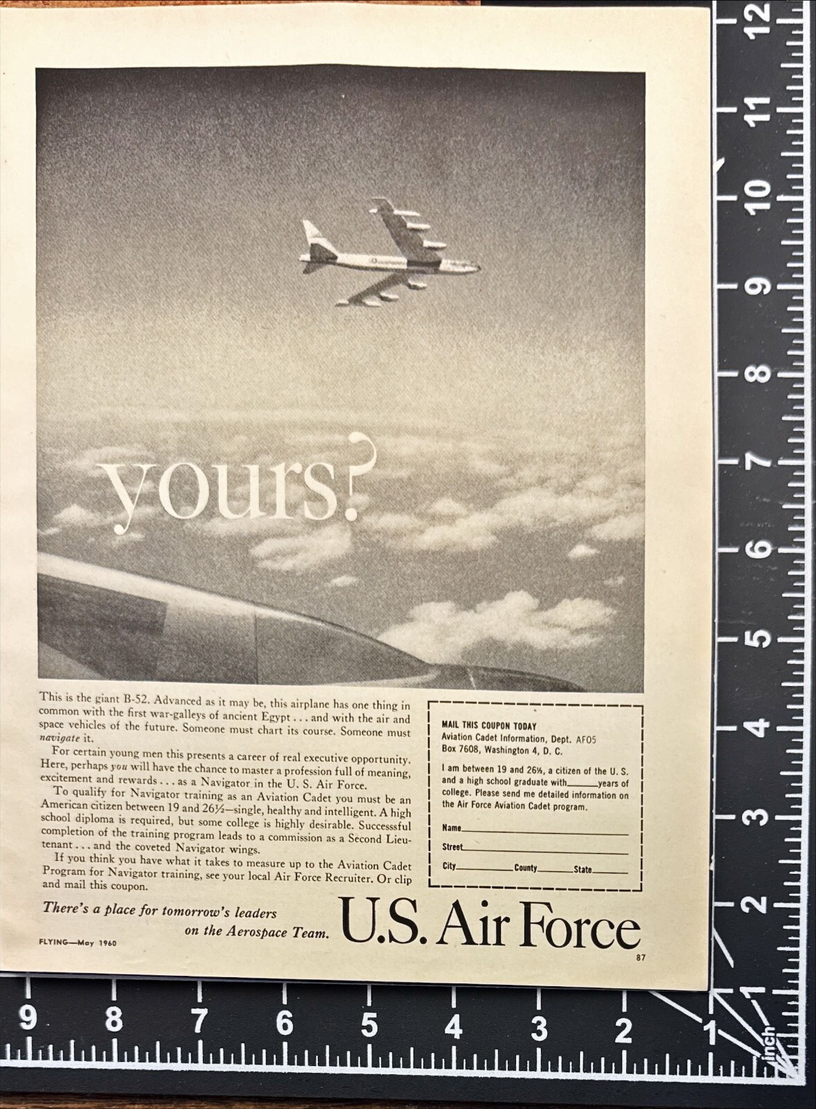 1960 U.S. Air Force Aviation Cadet Program Vtg Print Ad B-52 Bomber Flying