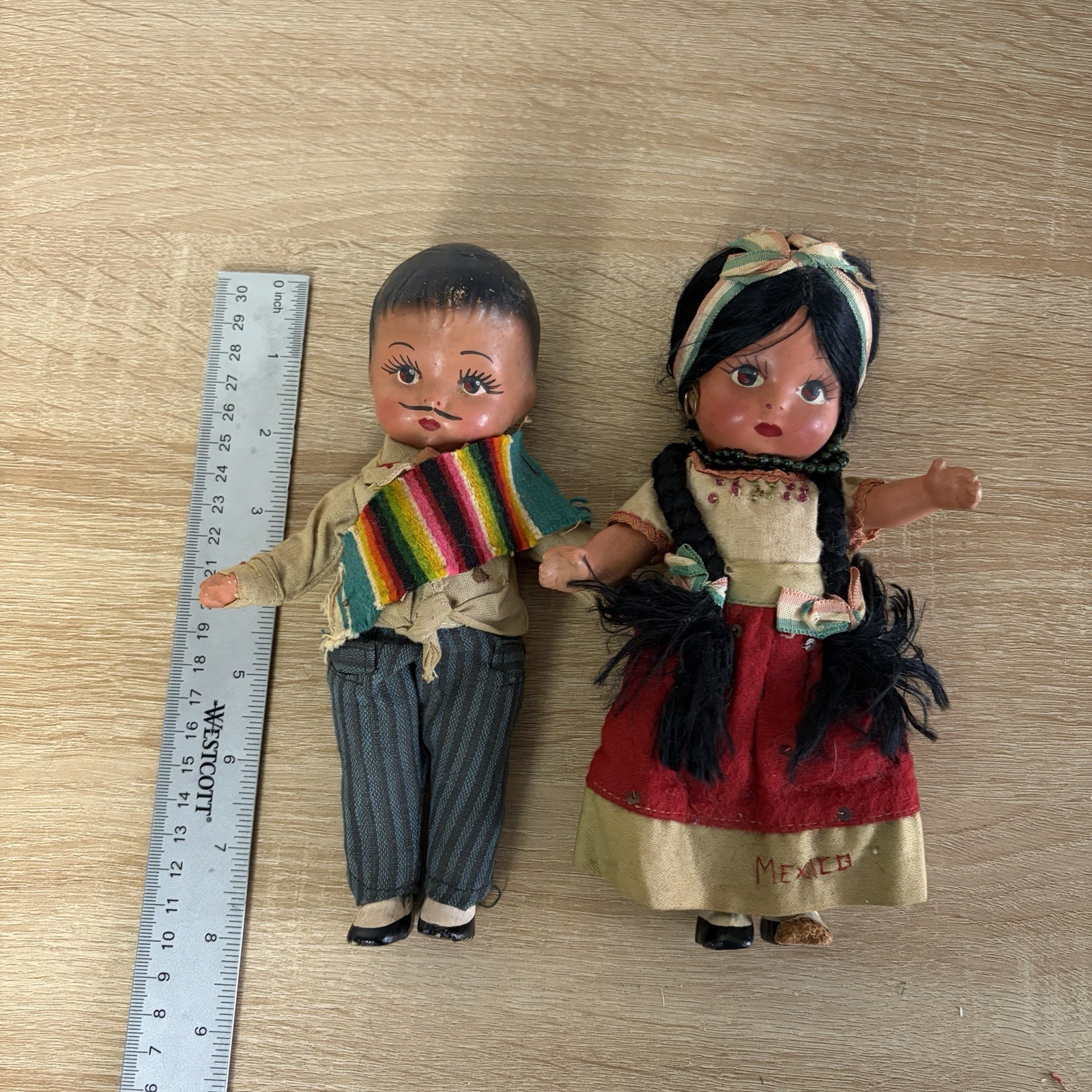 Vintage Mexico Doll Composition Boy Girl Set Souvenir Traditional Cute