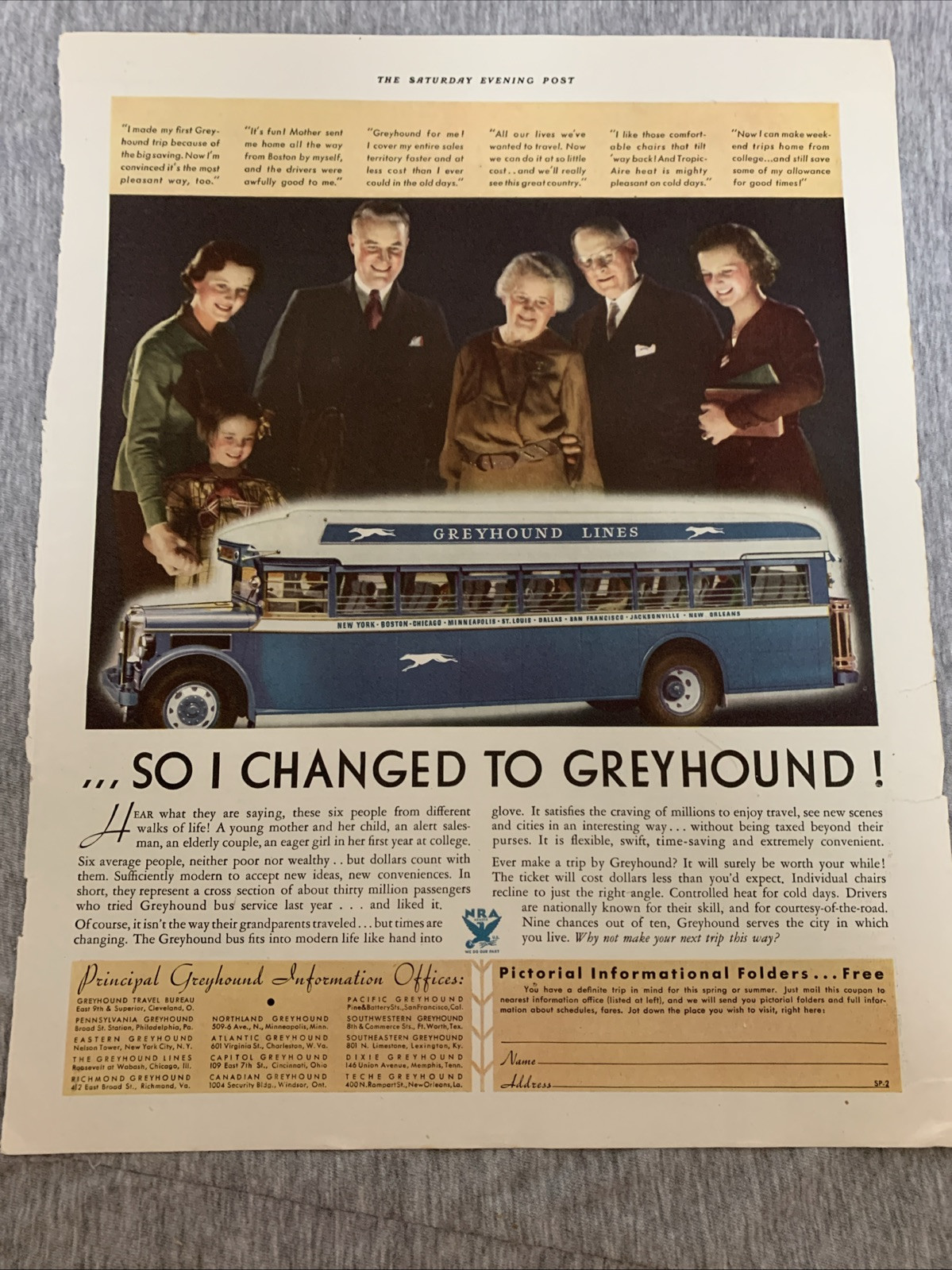 Vintage 1934 The Saturday Evening Post Greyhound Lines Advertisement