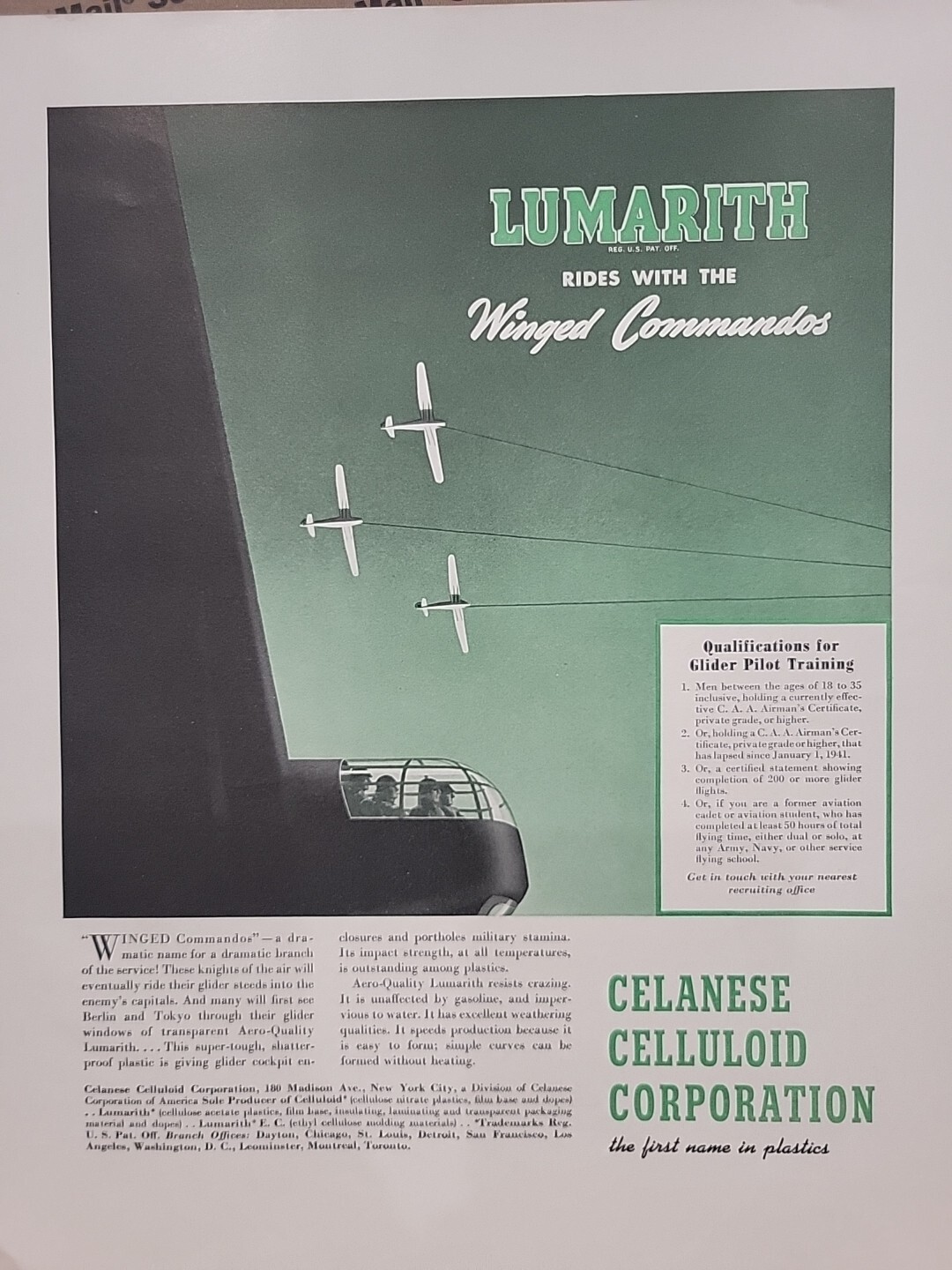 1942 Lumarith Celanese Celluloid Fortune WW2 Print Ad Q4 Glider Pilot Training
