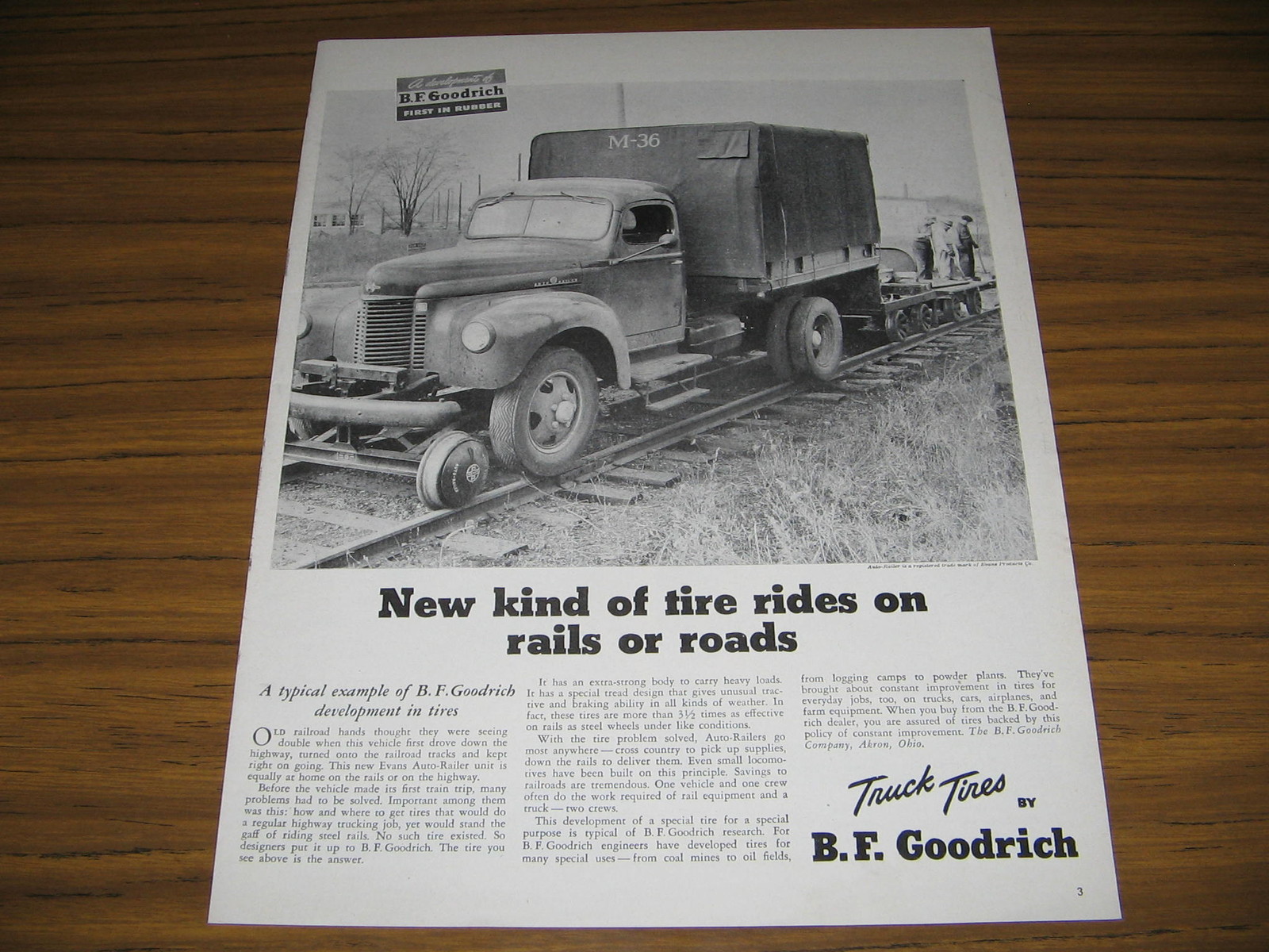 1947 Vintage Ad BF Goodrich Tires Evans Auto-Railer on Train Tracks