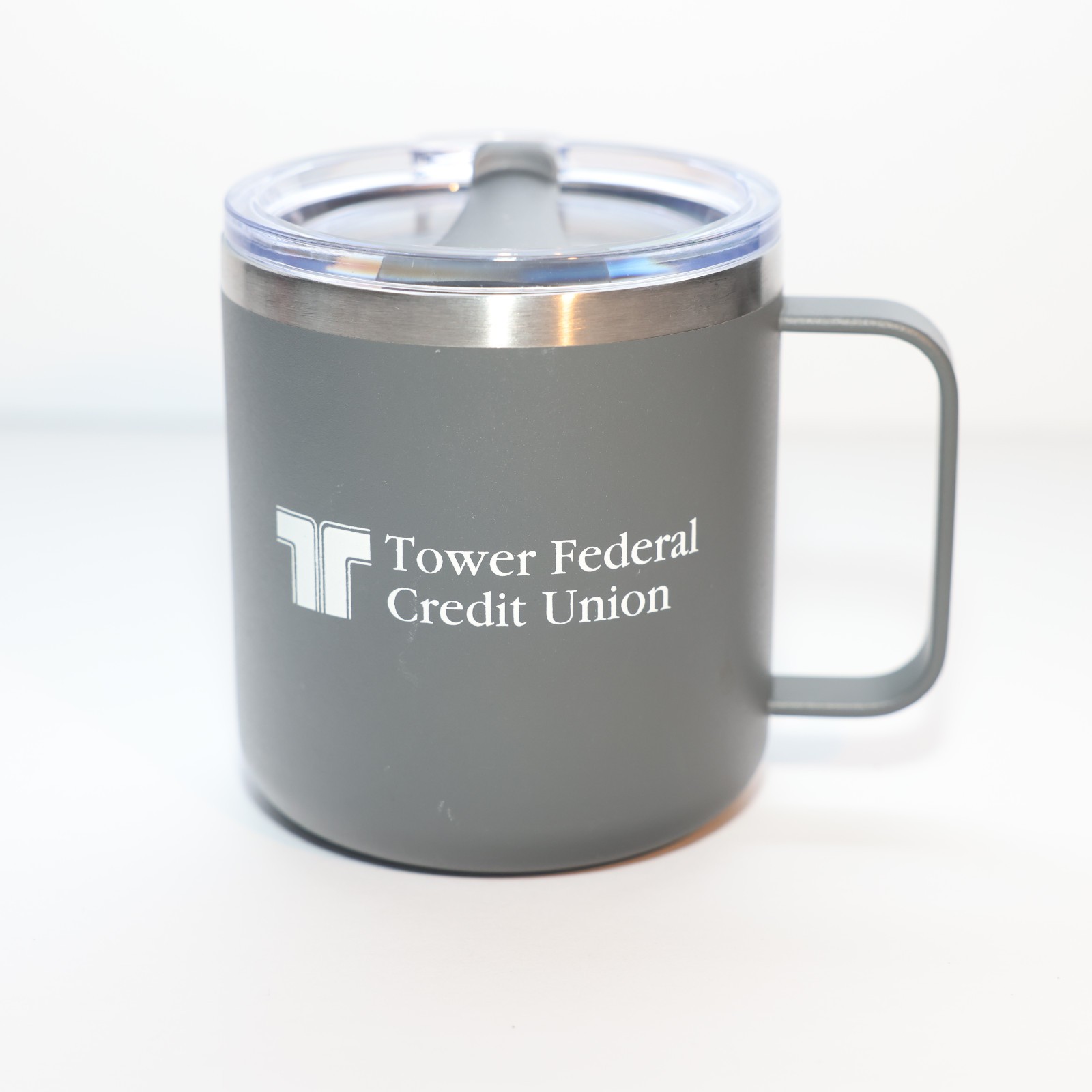 Tower Federal Credit Union Metal Coffee Tumbler Plastic Top 12oz Gray TFCU