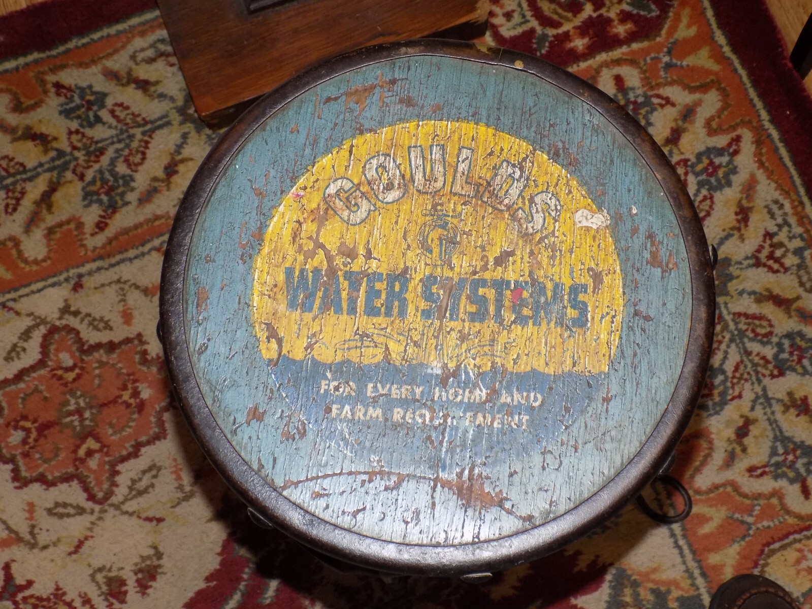 Vintage Goulds Water Systems Painted Wood Seat Ice Cream Parlor Wire Stool