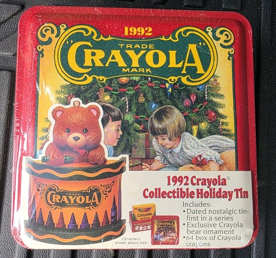 Vintage 1992 Crayola Crayons Collectible Holiday Tin w/ 64 Crayons And Ornament