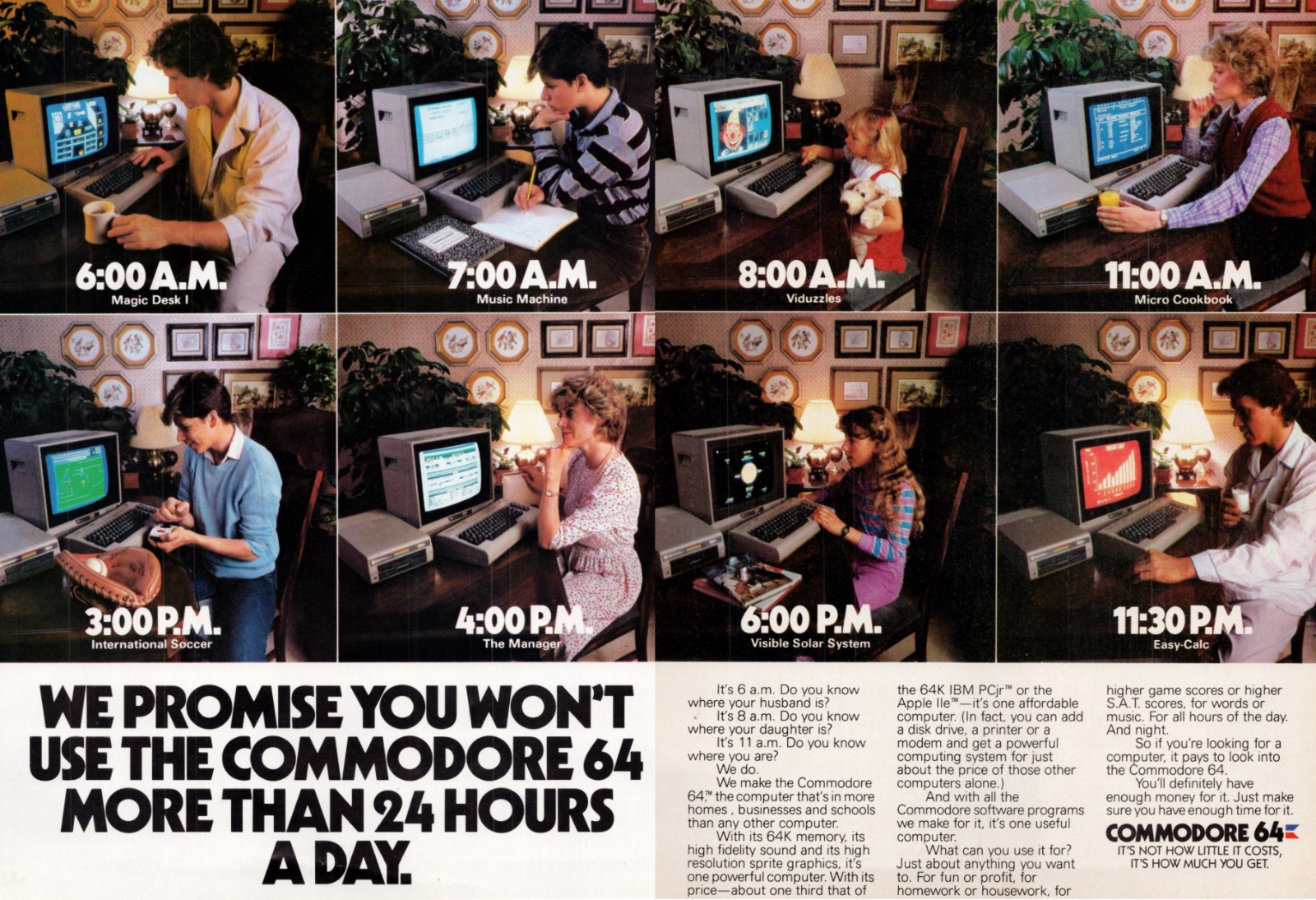 1985 Commodore 64 Family Use 24 Hours A Day Software 2-Page Vintage C64 Print Ad