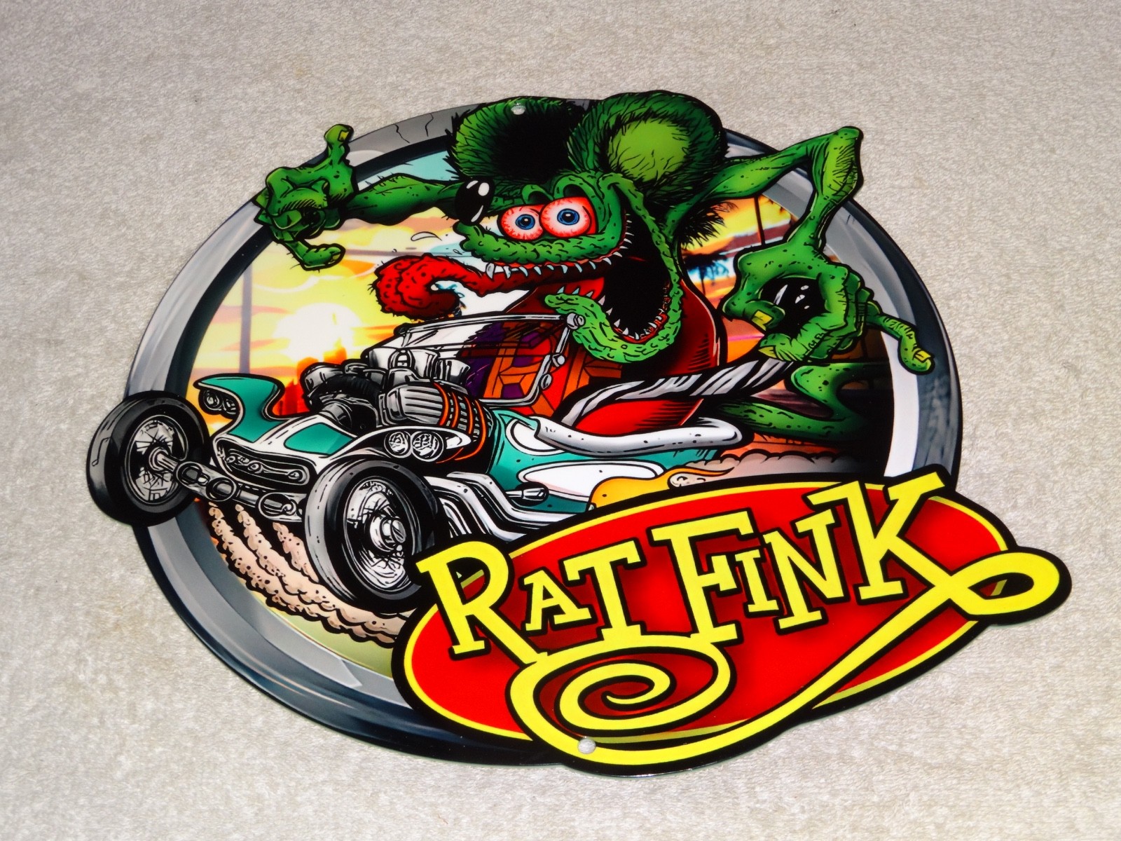 VINTAGE RATFINK DRIVES CUSTOM ROADSTER HOT ROD METAL GASOLINE OIL RAT FINK SIGN!