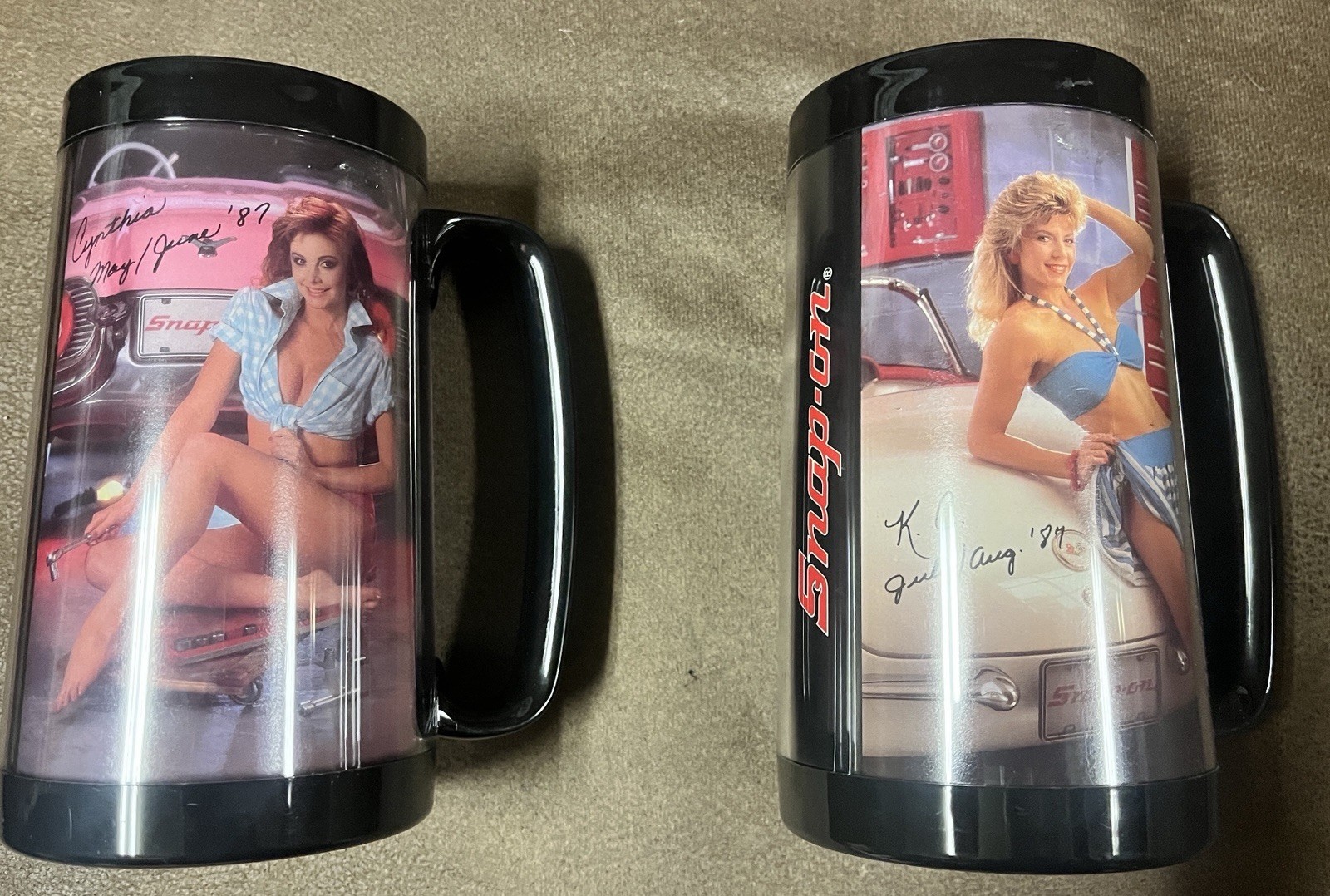 2 Vintage SNAP-ON TOOLS Thermo-Serv Tool Girl Plastic Mugs 1987 Garage Pinups
