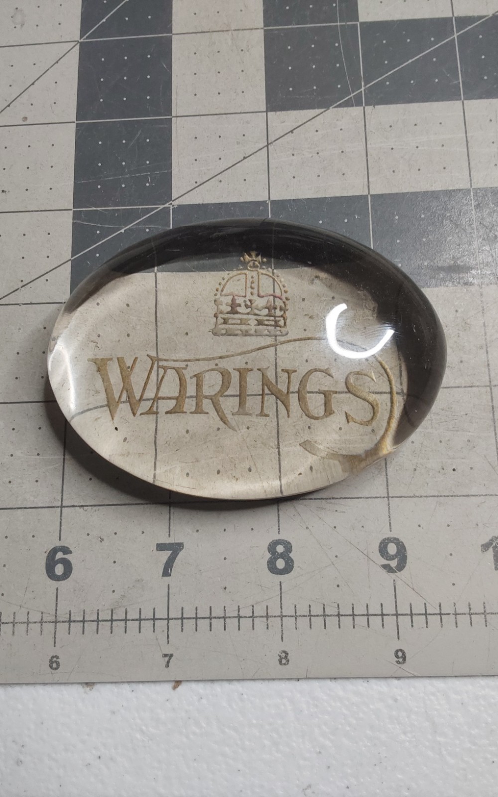 ADVERTISING GLASS PAPERWEIGHT Warings British Germanic Crown