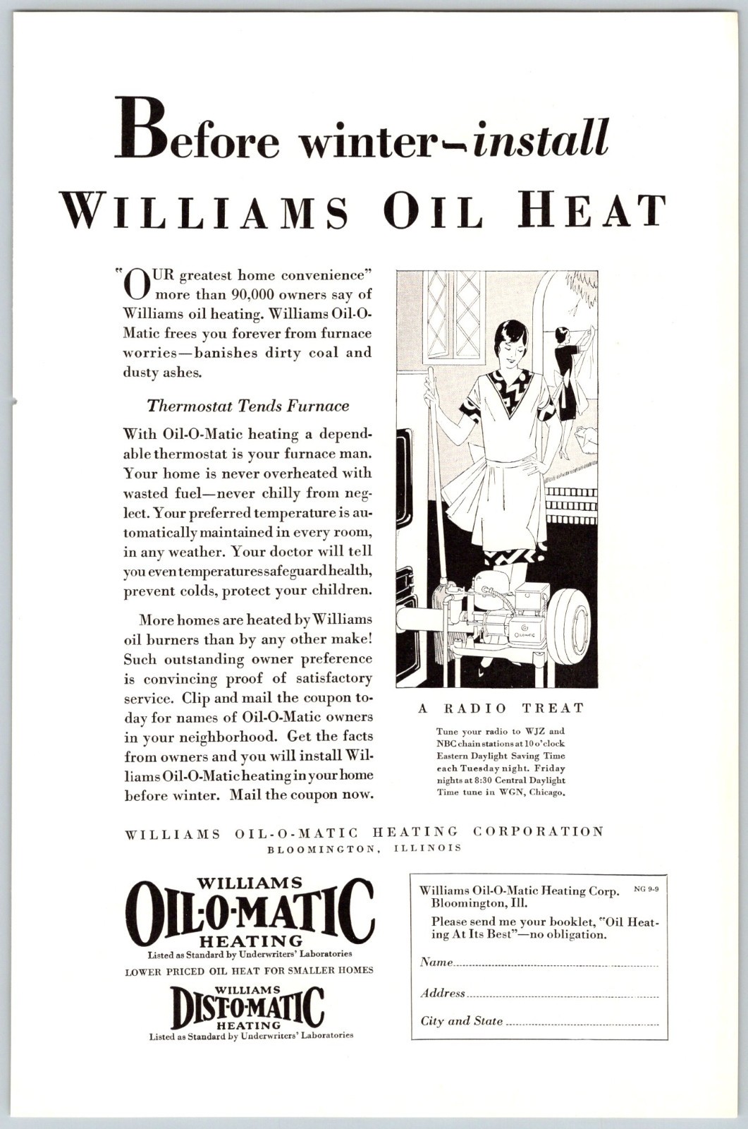 WILLIAMS OIL-O-MATIC HEATING Vtg. 6.5″x10″ Magazine Ad 1920’s M750
