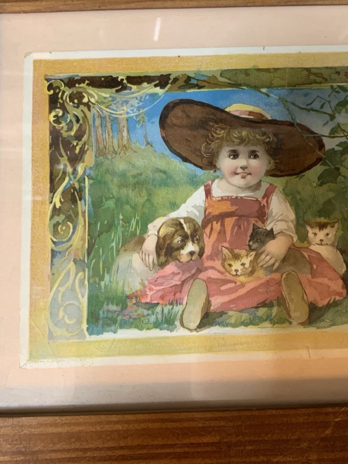 Antique Victorian Trade Card 1891 GIRL CAT DOG Lion Coffee The Woolson Spice Co