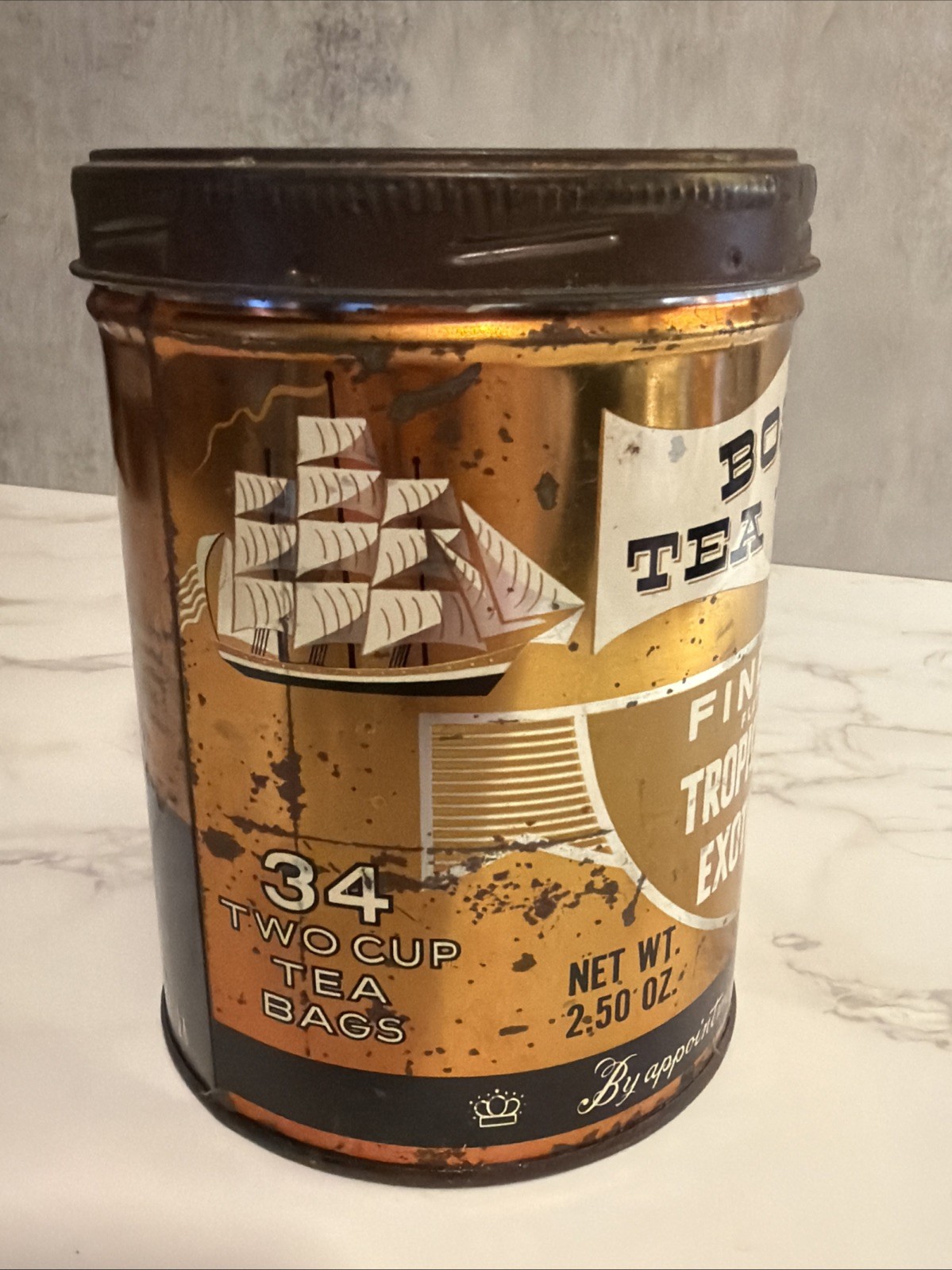 Vintage Boston Tea Party Tin Empty 2.5oz 5” Metal Container Tin Orange Spice
