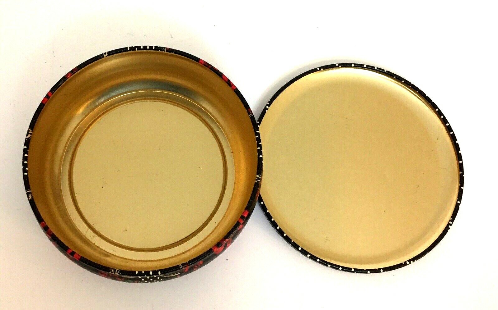 Vintage Nobel Hall? Round EMPTY Tin Red Bow Roses Black Polka Dots Lace 5 1/4″