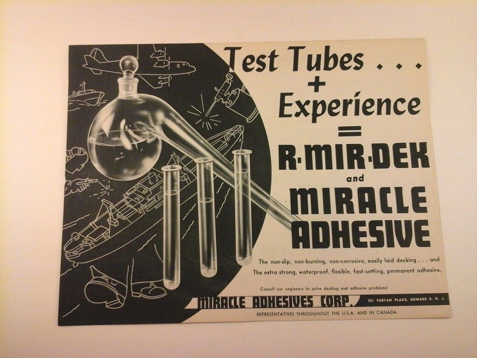 Vtg WWII ERA print Ad 1944 MIRACLE ADHESIVES CORP. 261 Fabyan Place, Newark 8, N