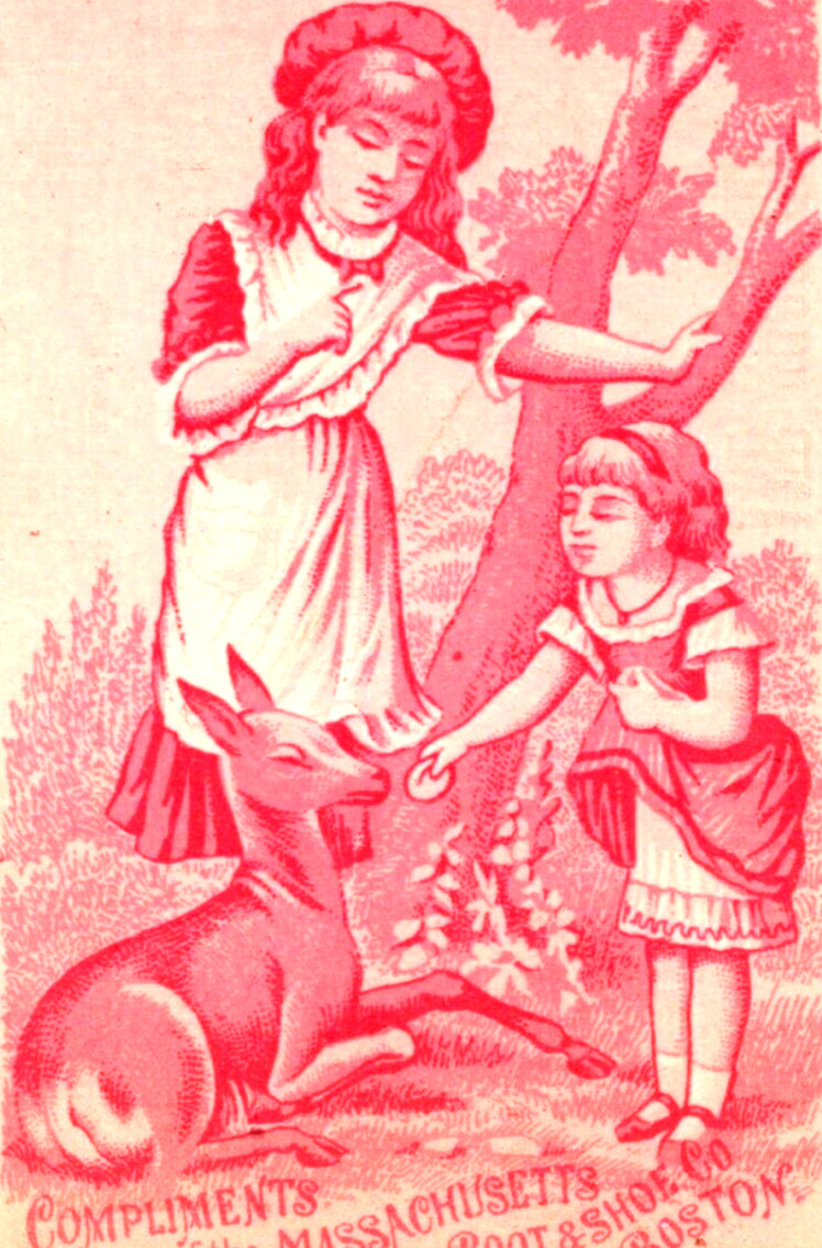 Massachusetts Boot & Shoe Co Boston Little Girls with Deer Victorian Trade Card