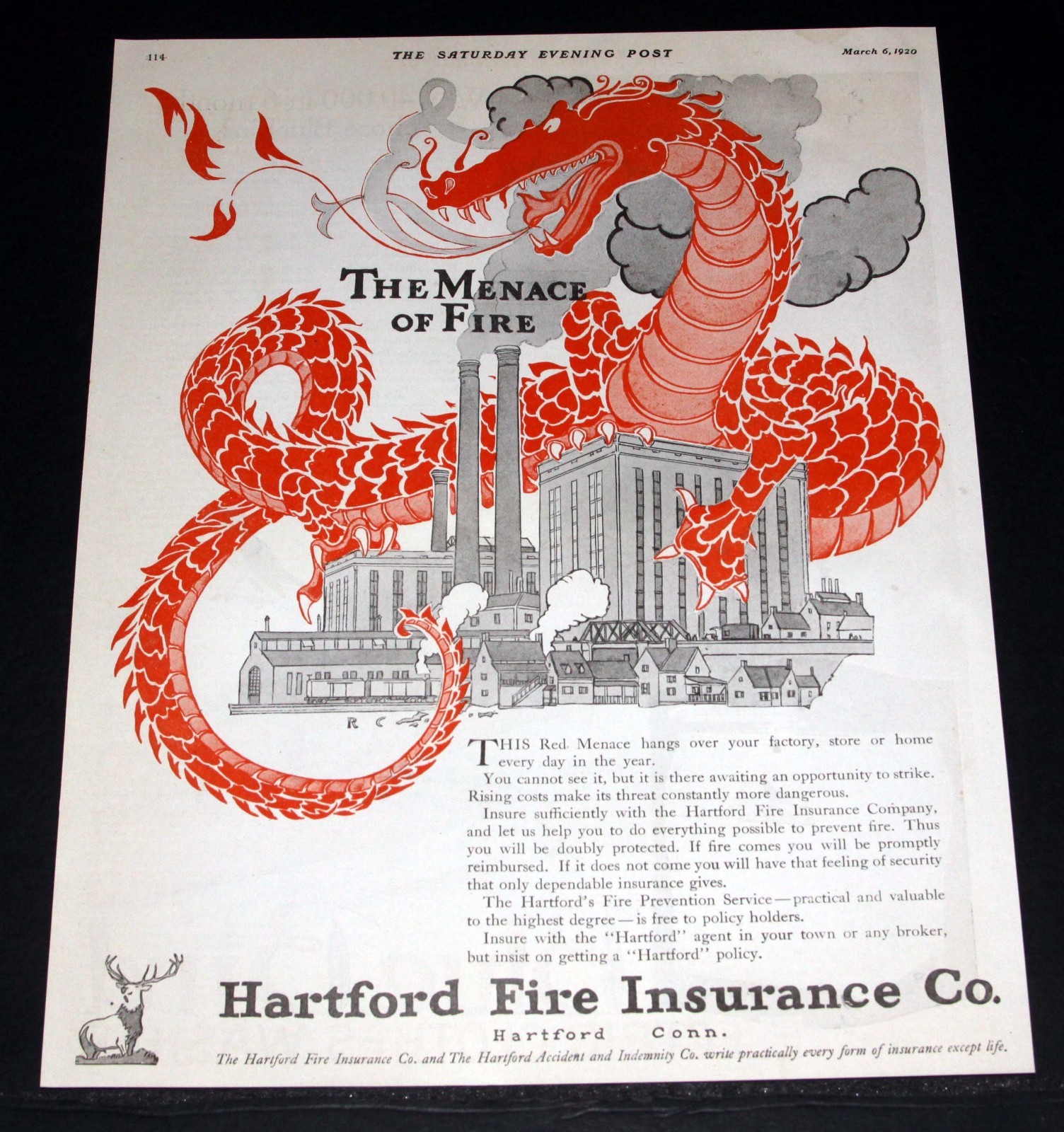 1920 OLD MAGAZINE PRINT AD, HARTFORD FIRE INSURANCE, THE MENACE OF FIRE DRAGON!