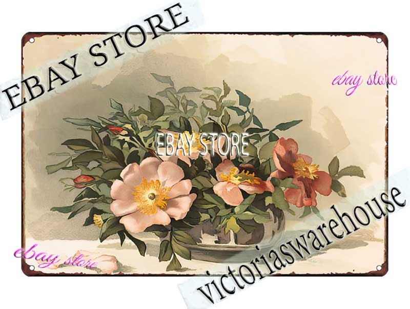 1860s Azaleas & Wild Roses Floral Botanical Art Louis Prang Tin Sign collectible